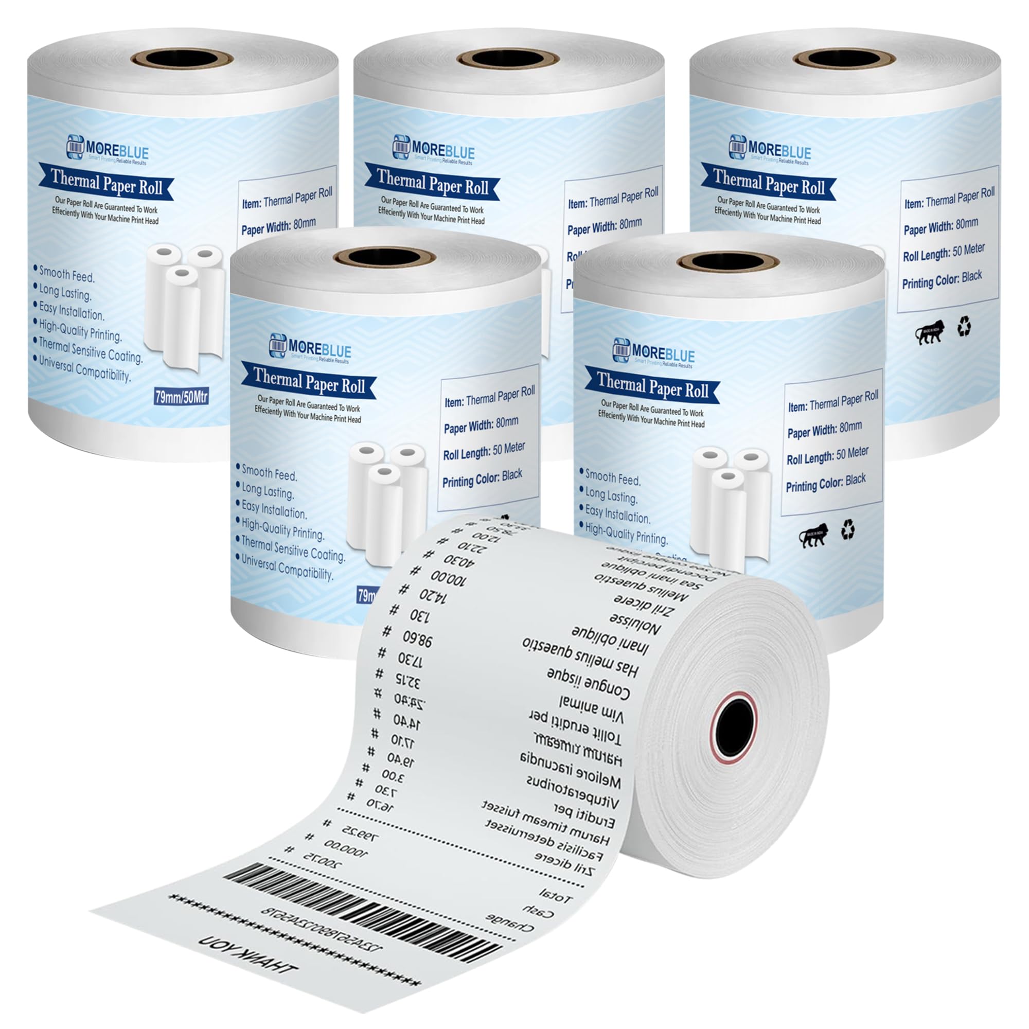 MOREBLUE 3 Inch Thermal Printer Roll 79mm x 50 Meter | Thermal Receipt Paper Roll for POS Billing Machine | Cash Register Bill Printer Paper | BPA Free, High Print Clarity, Long Lasting 5 Roll