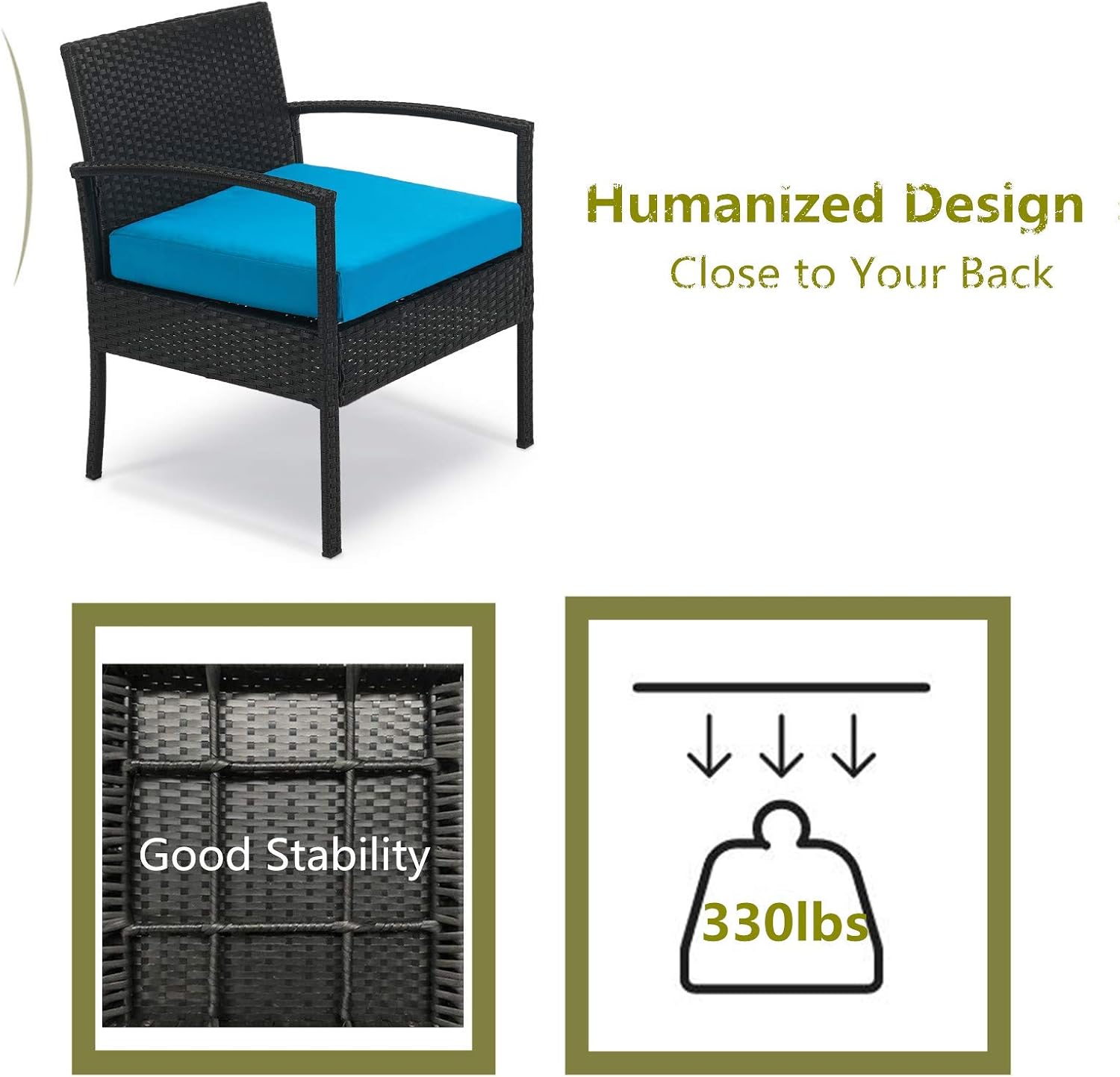 Outdoor Furniture 3 Piece Patio Set Balcony Furniture Outdoor Bistro Set Wicker Chair for Balcony Backyard Porch with Table and Cushions Blue