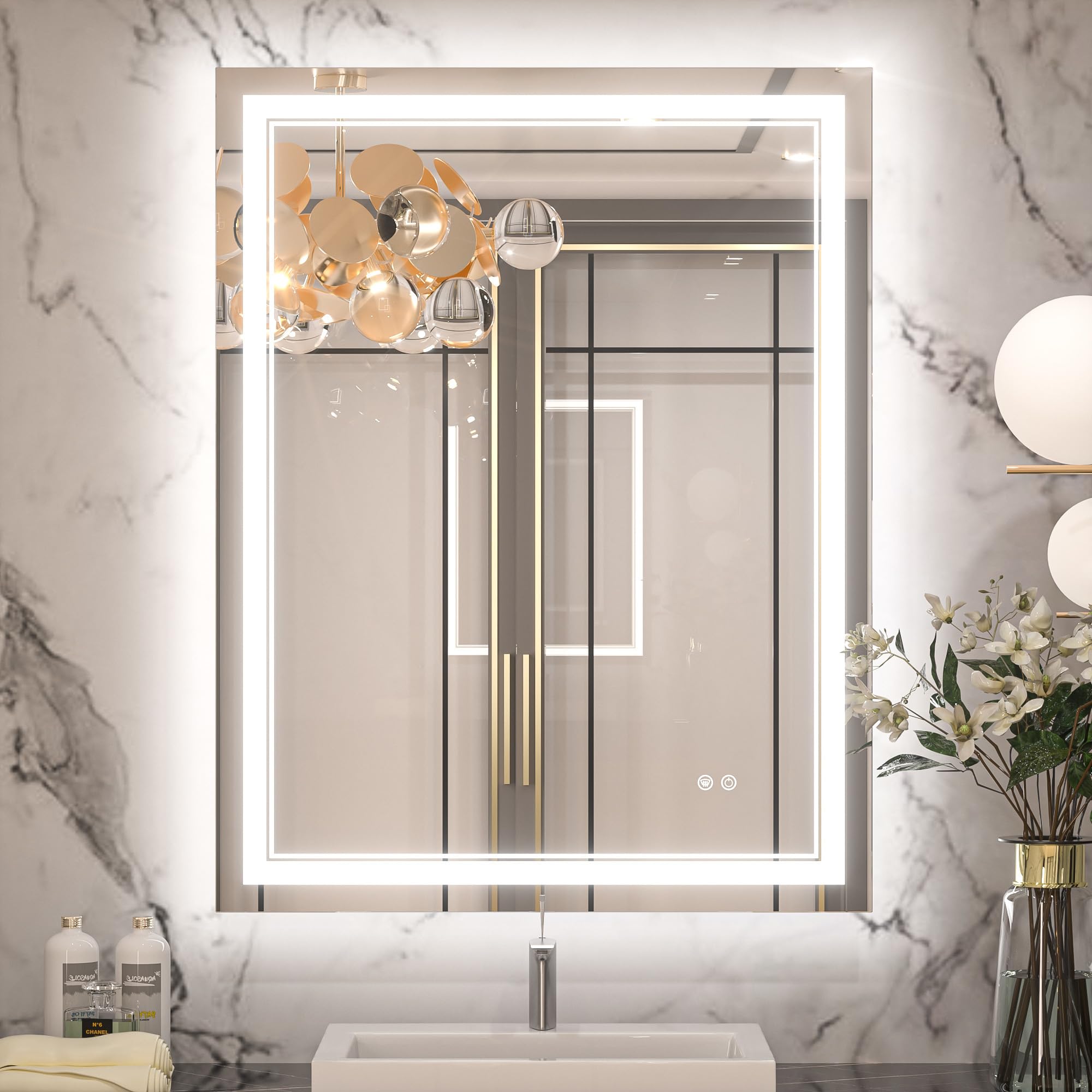 Keonjinn LED Bathroom Mirror 28" x 36", Frontlit & Backlit Bathroom Vanity Mirror with Lights, HD Tempered Glass, UL-Listed, Anti-Fog, 3 Color Lights, Dimmale, Memory Function, LED Wall Mirror