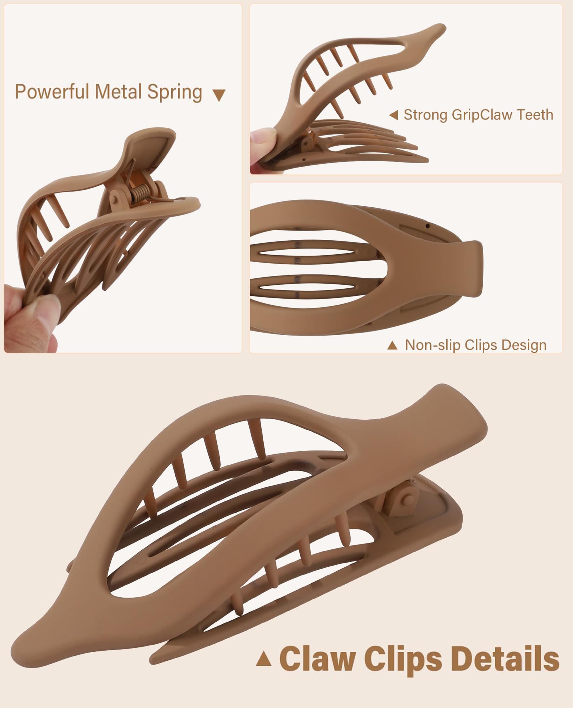 6 Pack Comfort Curve Flat Hair Clips -Ergonomic Lay Down Claw Clips with Smooth Grip, Matte Neutral Colours for All Hair Types - Image 3