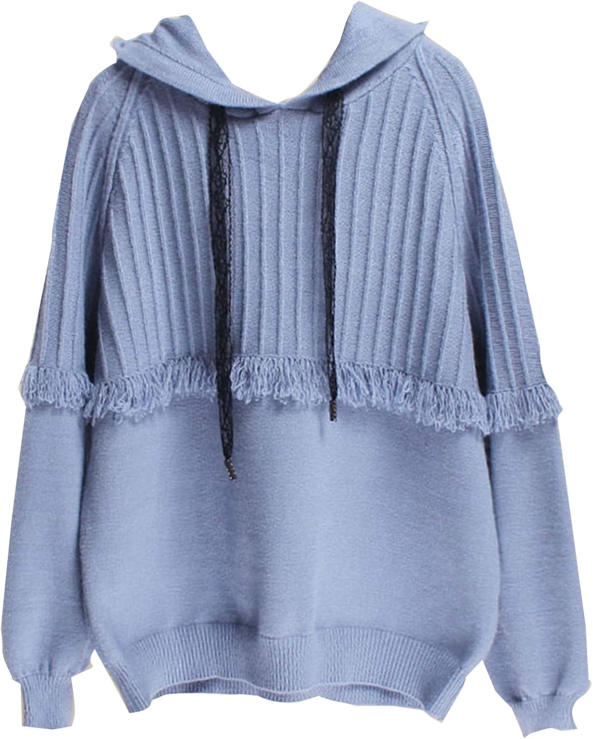 Bosha女性長袖フード付きニットセーター韓国ドローストリングタッセルプルオーバー ニットセーター ブルー 5 大好評