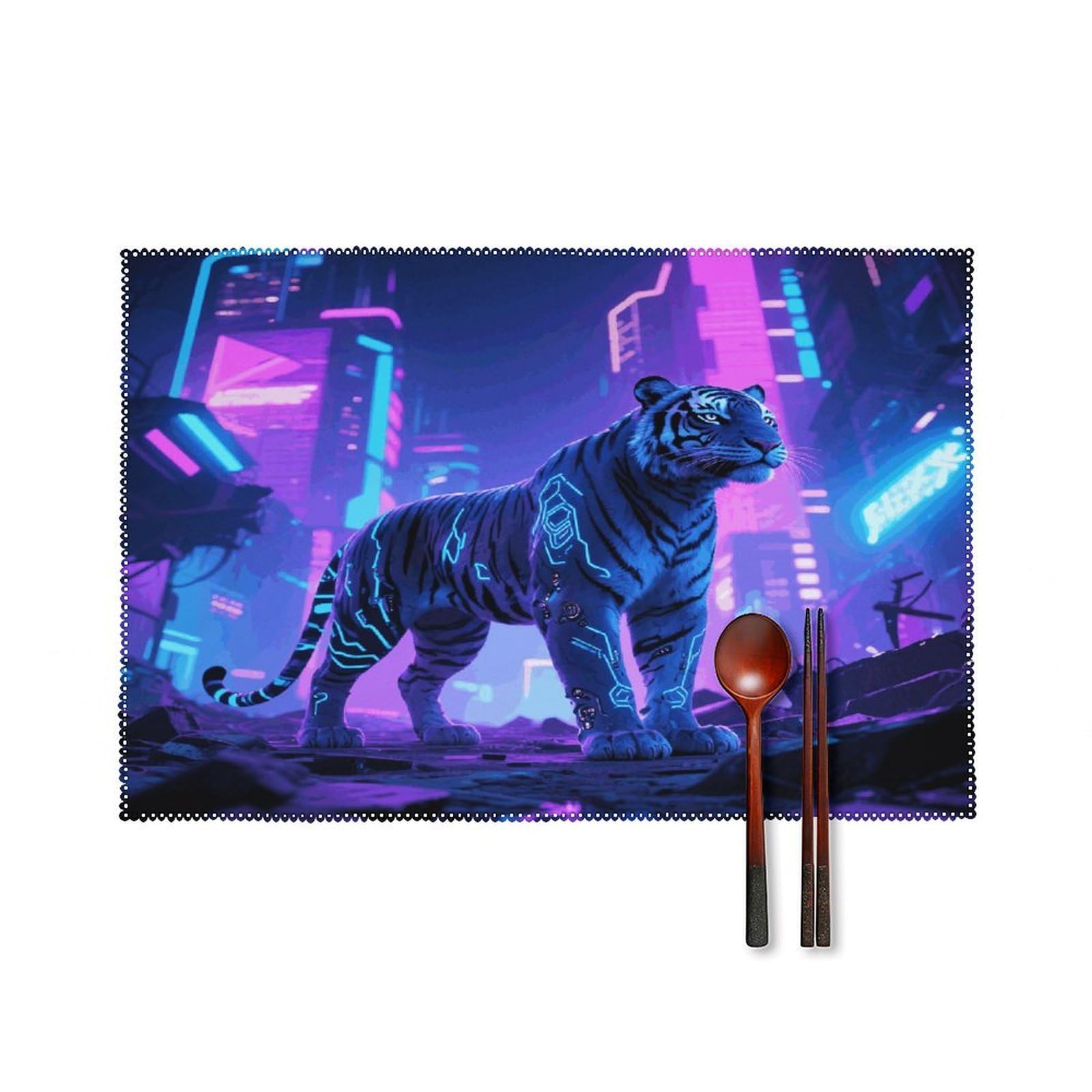 Cyber Tiger Placemats Set of 4 Heat Resistant Non-Slip Place Mats for Dining Table Washable Placemat Wipeable Dining Table Mat Canvas Place Mats Dining Table Decor