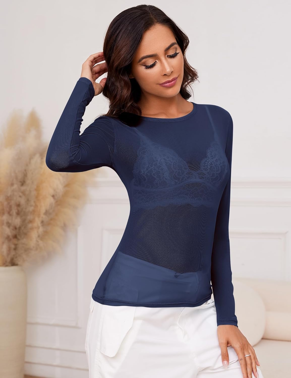 AKEWEI Womens Mesh Long Sleeve Tops Crew Neck Sexy See Through Tee Shirts Party Club Night Lace Blouse - Image 4