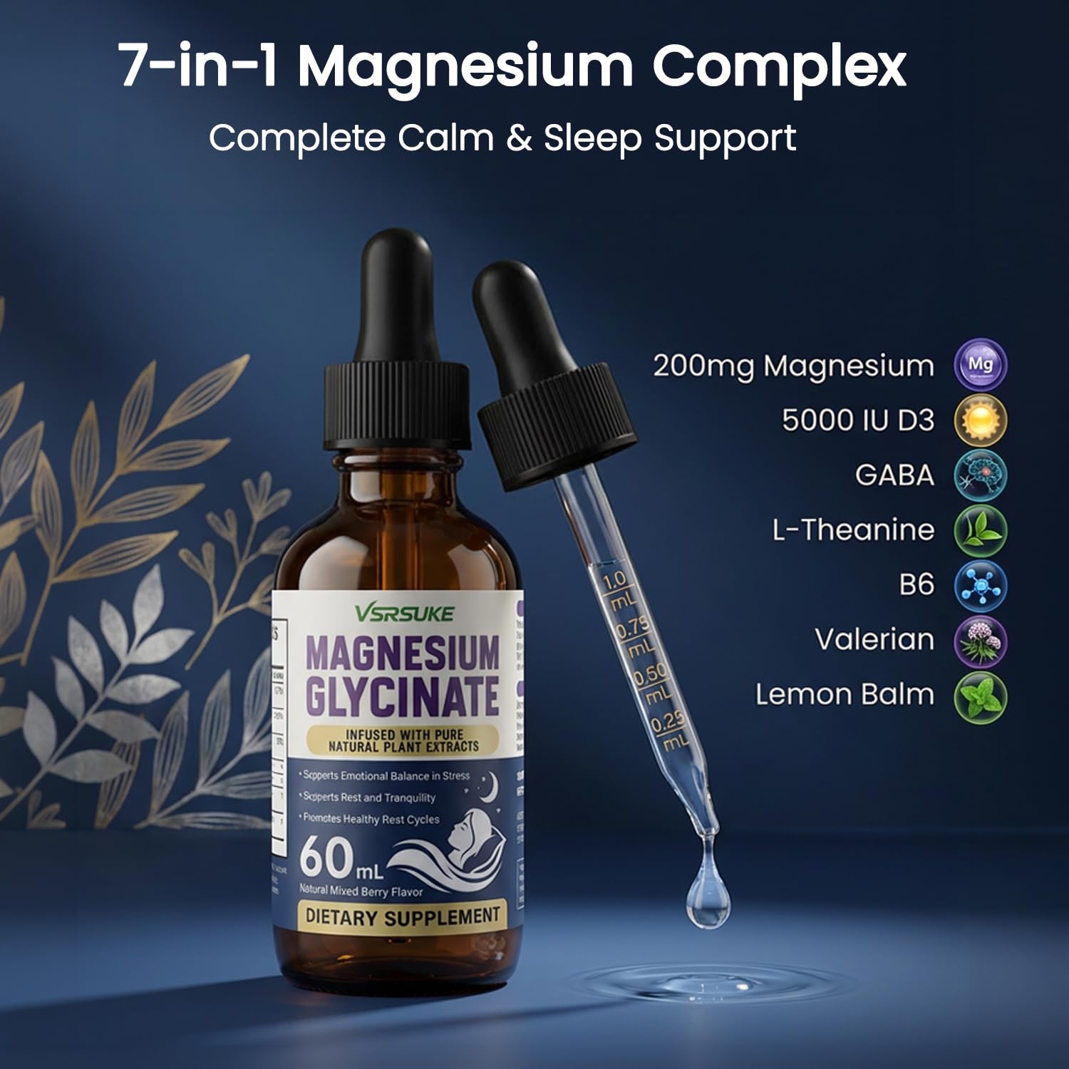 Liquid Magnesium Glycinate Drops for Women - Sublingual Sleep Support & Nighttime Calm with GABA, L-Theanine, Valerian & D3 B6 - High Absorption, Sugar-Free Berry, Vegan, 60ml — Amazon image 2