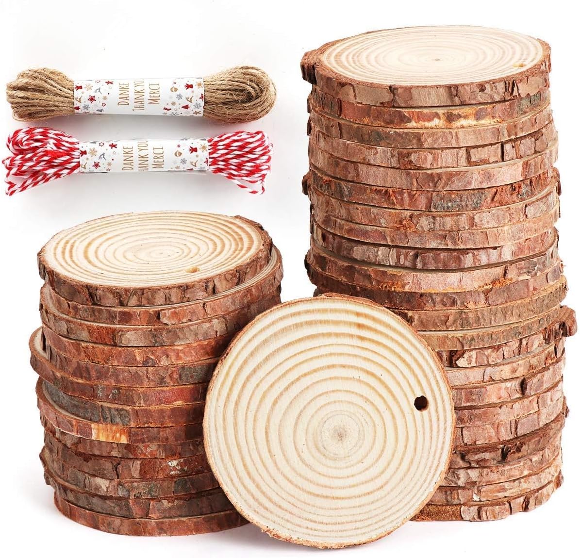 50Pcs Wood Slices for Crafts, 2.4"-2.8" Unfinished Wood Circles for Crafts with Pre-drilled Hole and String, Unfinished Wood Rounds for Home Decor, Painting, Wooden Coasters, DIY, Party Wedding Decor