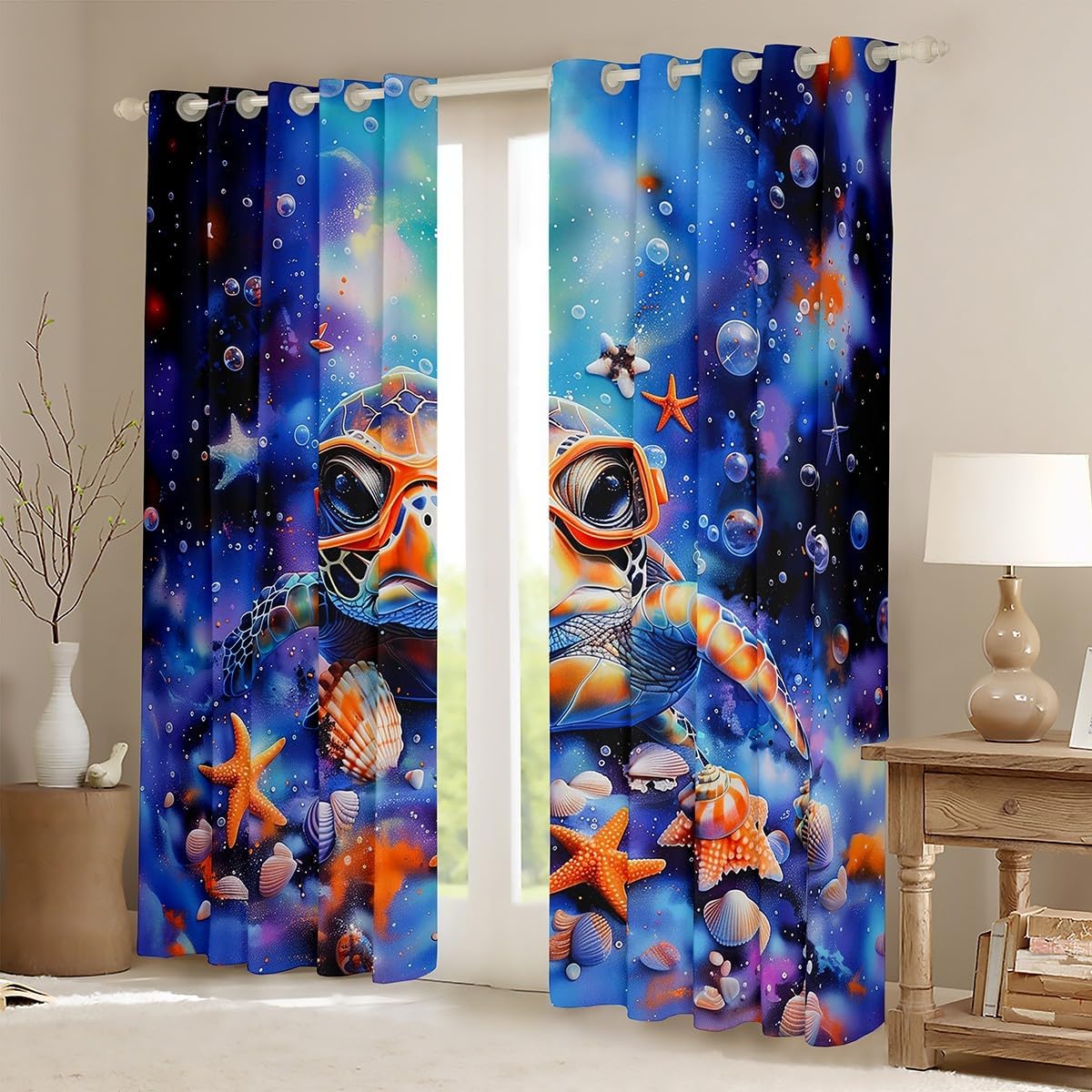 Cartoon Sea Turtle Curtains for Living Room,Diving Tortoise Starfish Undersea Marine Life Window Drapes Blackout 30%-50%,Dreamy Bubbles Navy Starry Glitter Window Treatment 2 Panels,38Wx45L