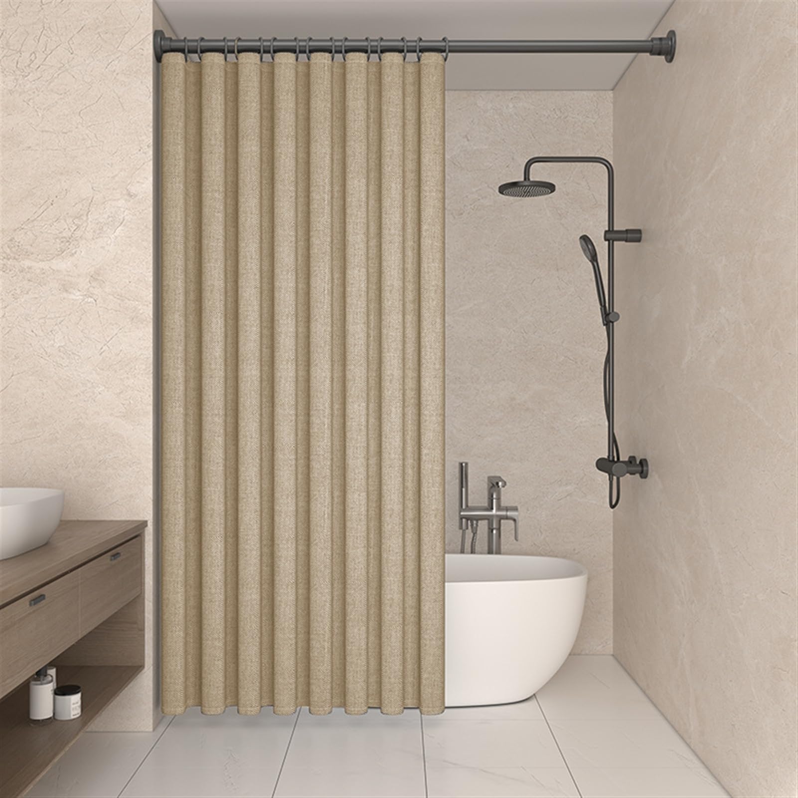 Cortina de ducha de lino impermeable, antimoho, para bañera, ducha, cabina, color beige, 100 x 180 cm, resistente al moho, respetuosa con el medio ambiente, con ojales inoxidables