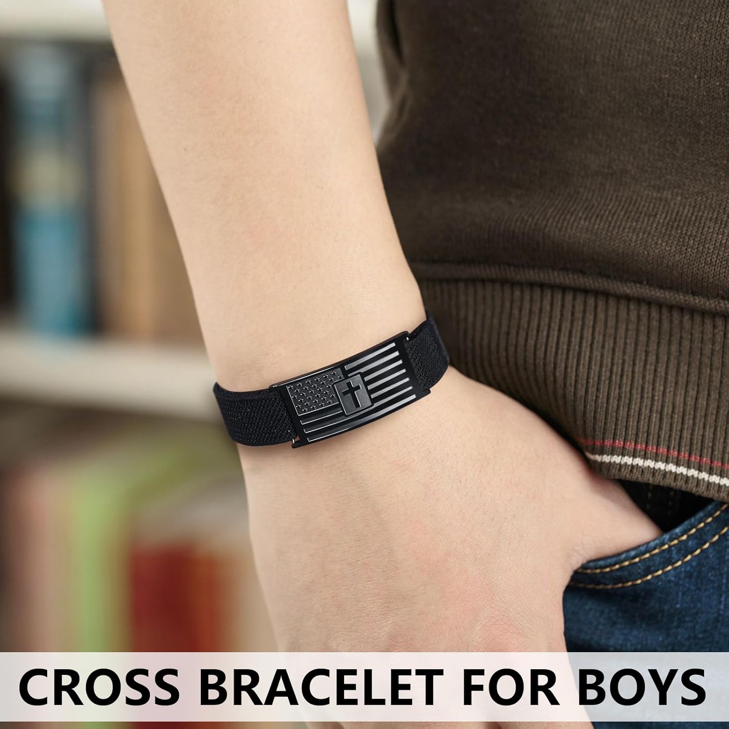 Mens Bracelet - American Flag Christian Cross Bracelet for Boys - Adjustable Black Elastic Stretch Strap with Bible Verse - Gift for Son Grandson - Image 2