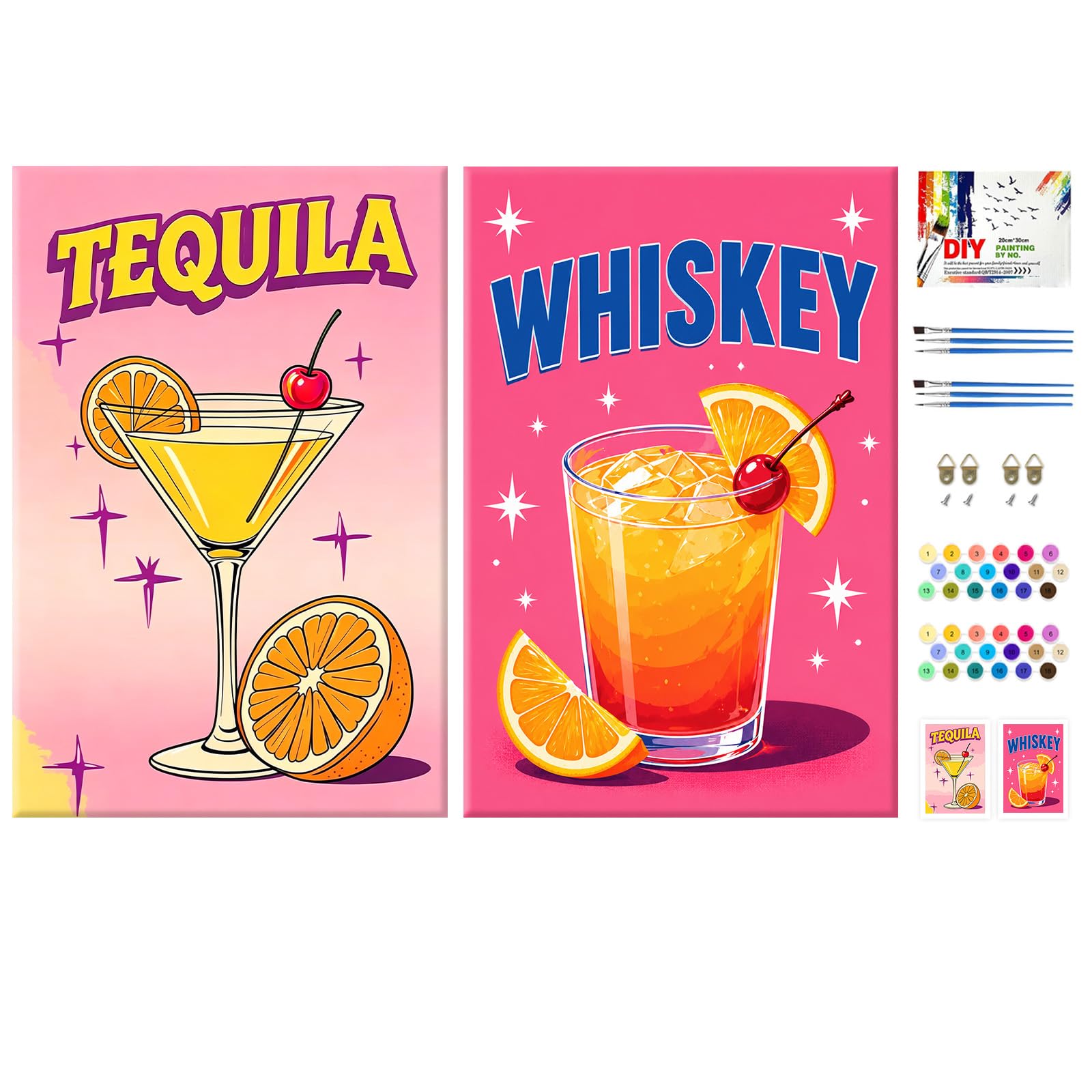 NEWENMO 2 Pack Cocktail Paint by Numbers Kits Stretched Canvas for Adults