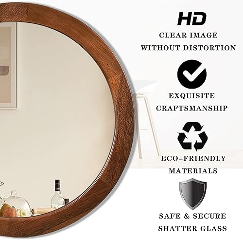 Miniatura 4 de CULER Espejo redondo de madera de 24 pulgadas, espejo circular con marco de nogal para pared, espejo de pared redondo decorativo rústico para baño