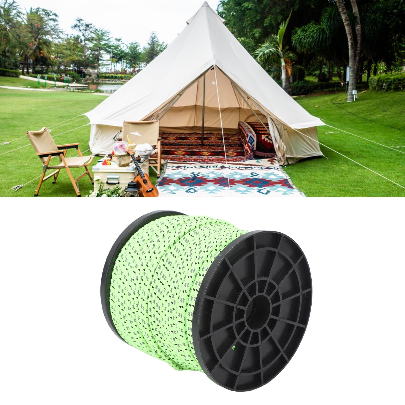 Corde de parachute réfléchissante en polyester 4 mm 50 m résistante à l'usure pour camping (vert fluo