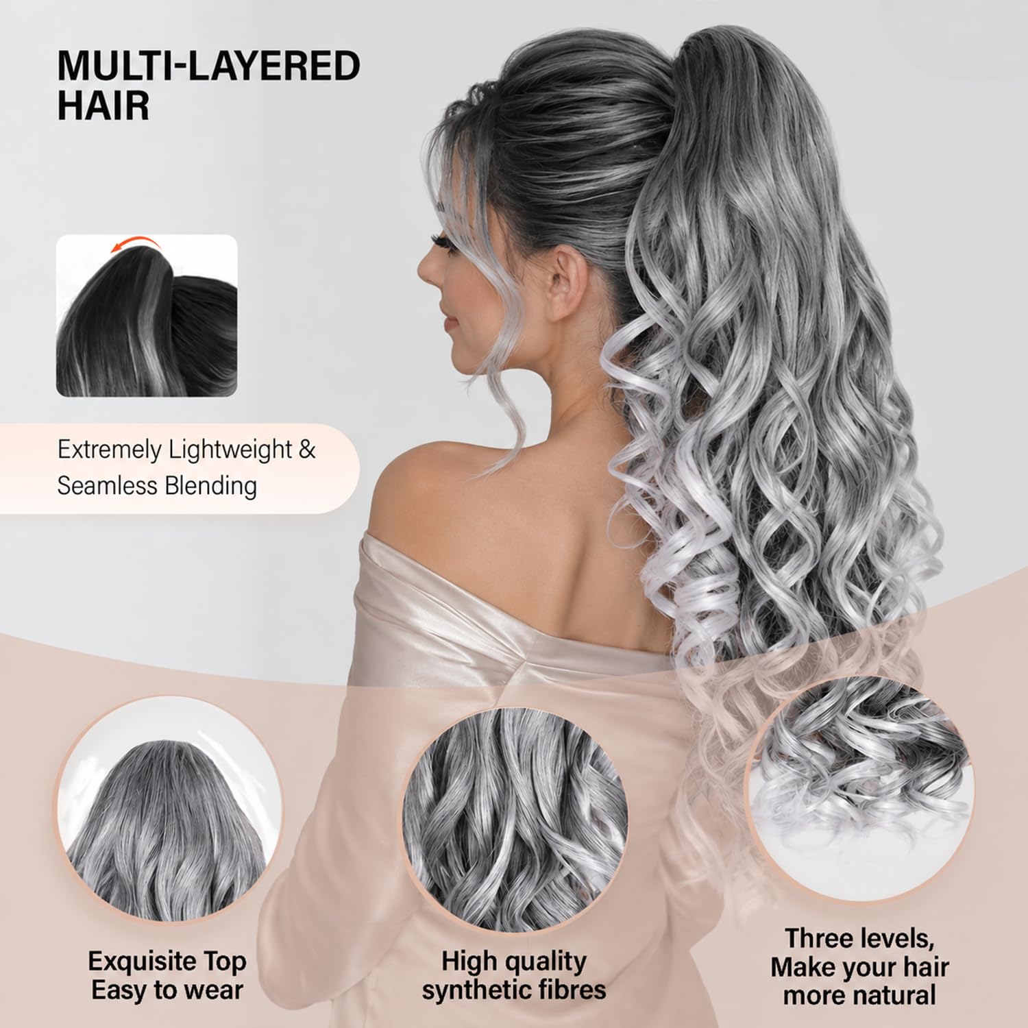 ZQIAN BEAUTY 24 Inch Ponytail Extension, Layered Ponytail Extensions for Women, Soft Wavy Claw Clip in Ponytail Extension, Natural Synthetic Hair Pieces for Women (Color: Salt and Pepper) image 3