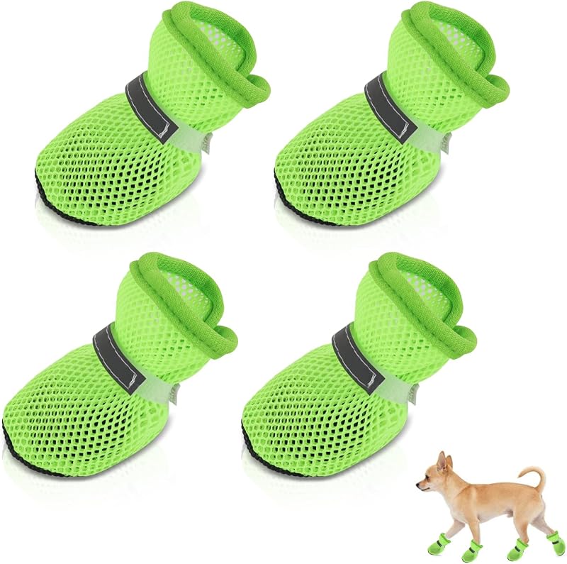 Botas para Cães Andiker com Malha Respirável, Sola Antiderrapante e Faixa Refletiva, Verde, Tamanho L, Pacote com 4