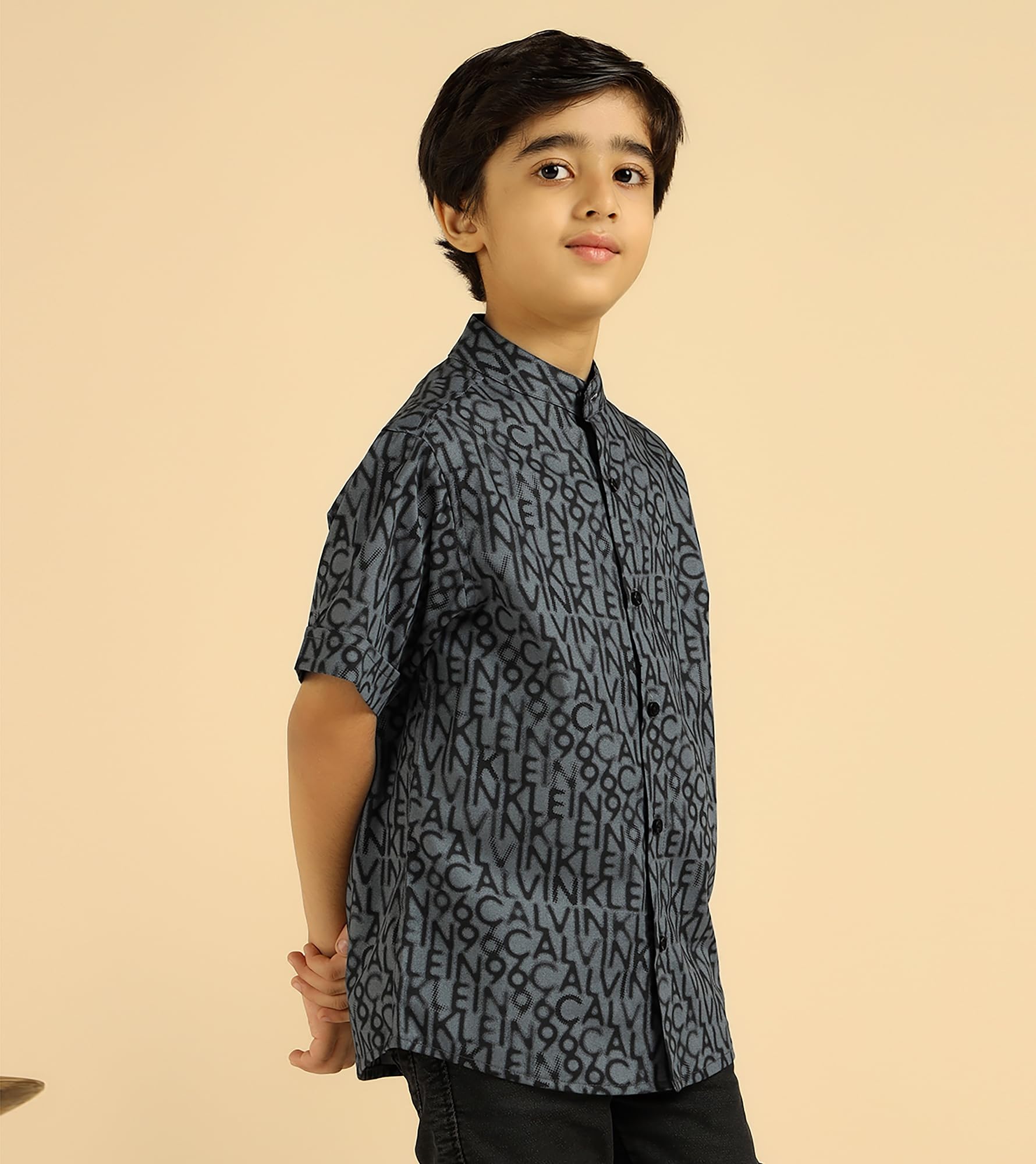 Bugandbees Boys Alphabetic Print Cotton Shirt|Half Sleeve|Mandarin Collar|Kids Clothes for Boys Dress 3-4 Years Fancy Dress|One Piece|Kids Wear|Party Casual Wear(BBSHB00000311_3-4Y_Grey) 4