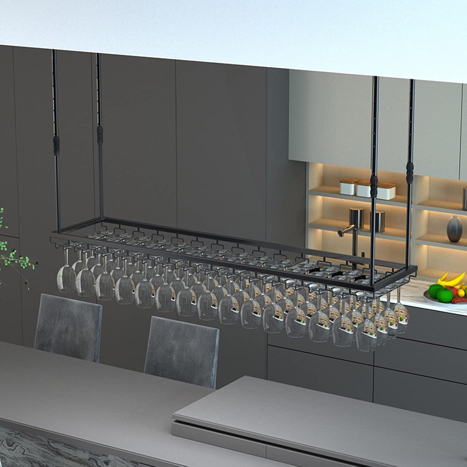 European Hanging Shelf Ceiling Wine Rack with Upside Down Goblet Rack for Kitchen/Living Room/Bar Creative and Stylish Wine Glass Storage Solution