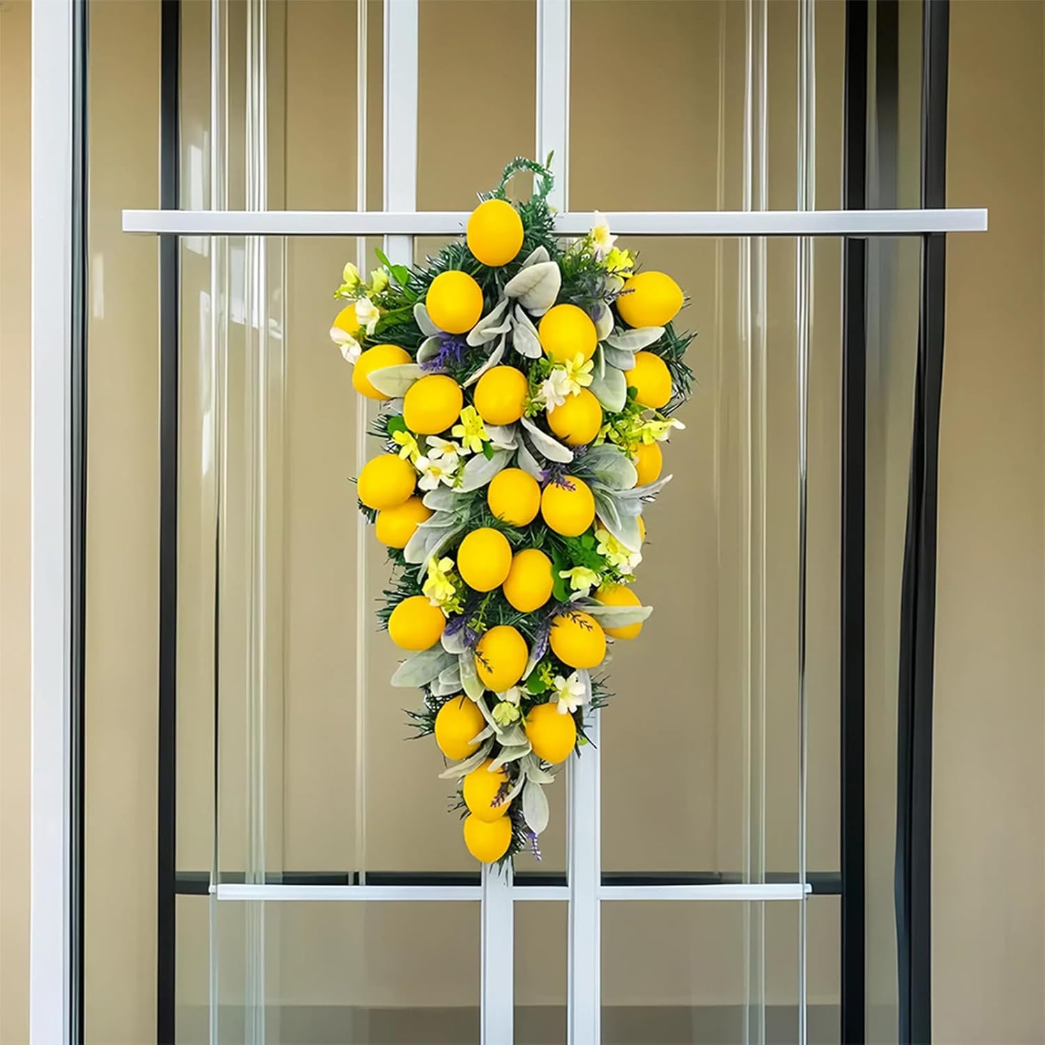 23.6Inch Artificial Lemon Teardrop Swag, Artificial Lemon Teardrop Wreath with Yellow Lemon and Daisie, Floral Swag Spring Summer Wreath for Front Door Wall Window Decor