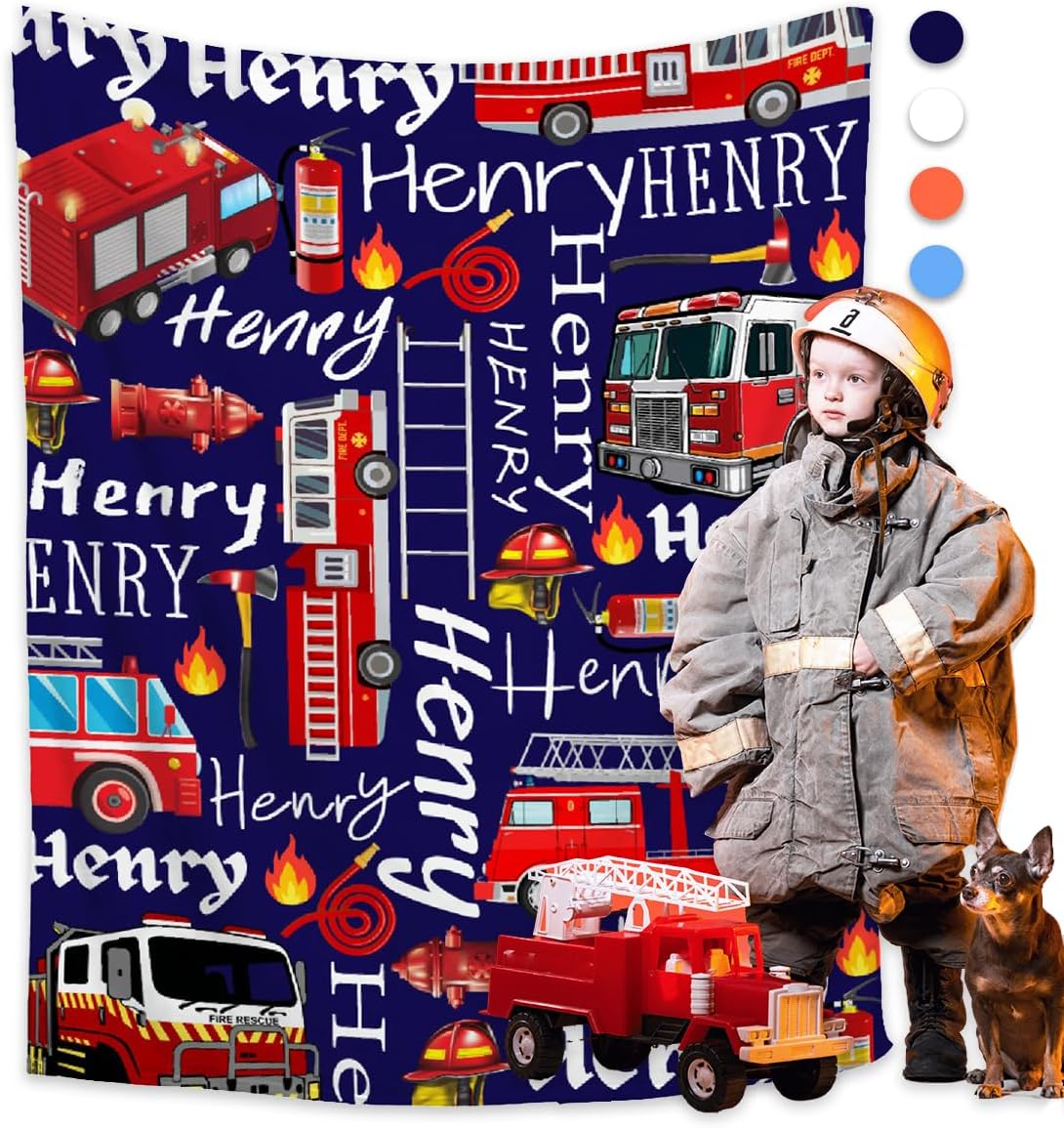 Personalized Fire Engines Truck Custom Fleece Flannel Gift Blanket with Name Lightweight Soft Throw Blanket Cute Cozy Blanket for Bed Couch Travel Outdoor 40''x 50'' for Kids/Child