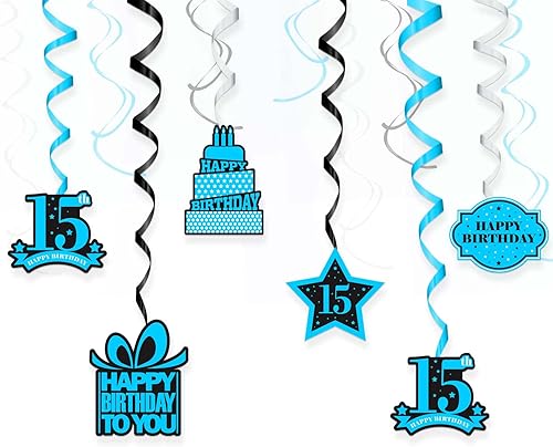 Feliz cumpleaños número 15, remolinos colgantes de estrellas, confeti, saludos a 15 años, cumpleaños, Hello 15, decoraciones temáticas para colgar