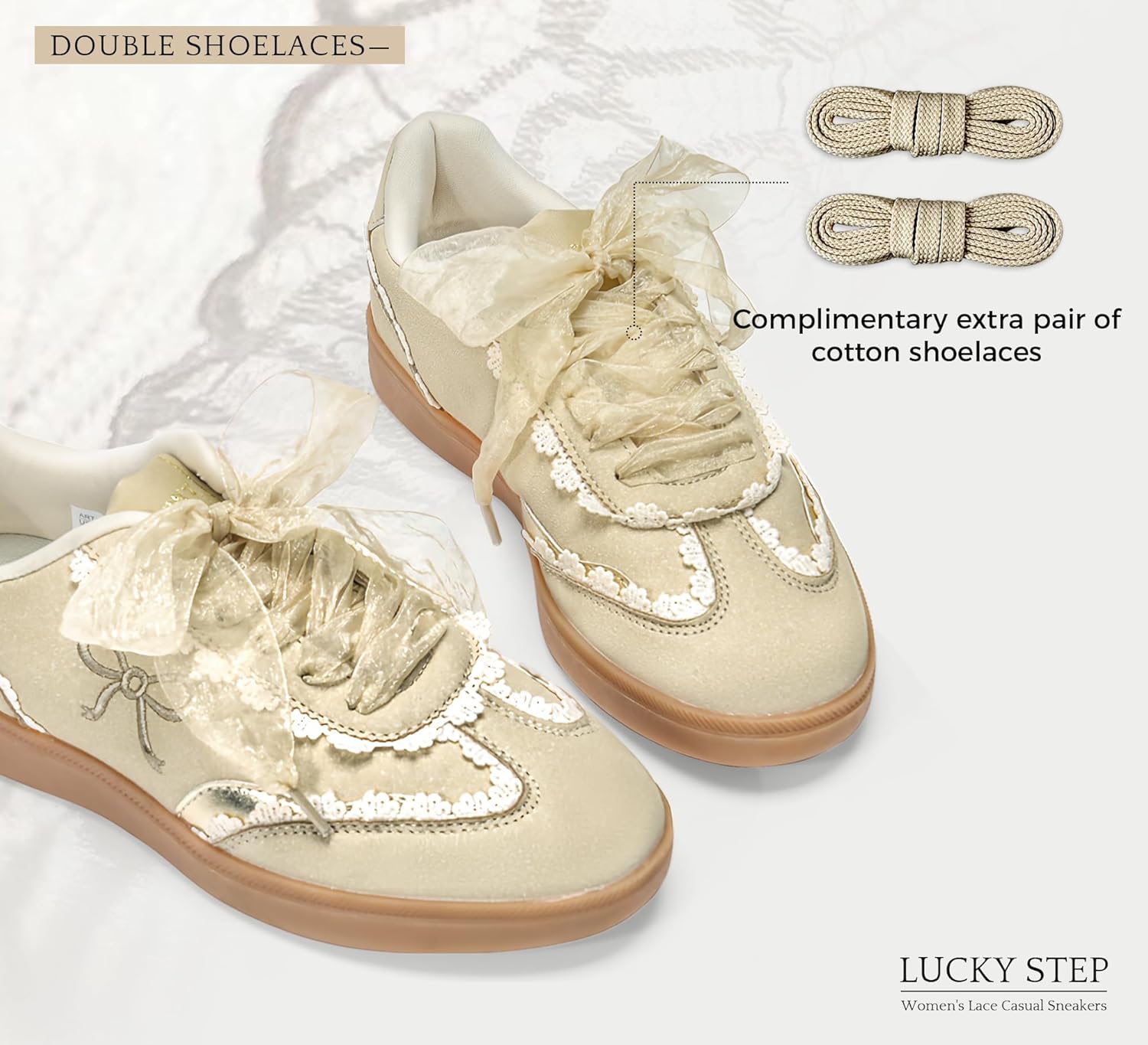LUCKY STEP Women’s Lace Detail Casual Sneakers Organza Ribbon Lace-Up Fashion Vintage Gum Sole Trendy Cute Shoes - Image 5
