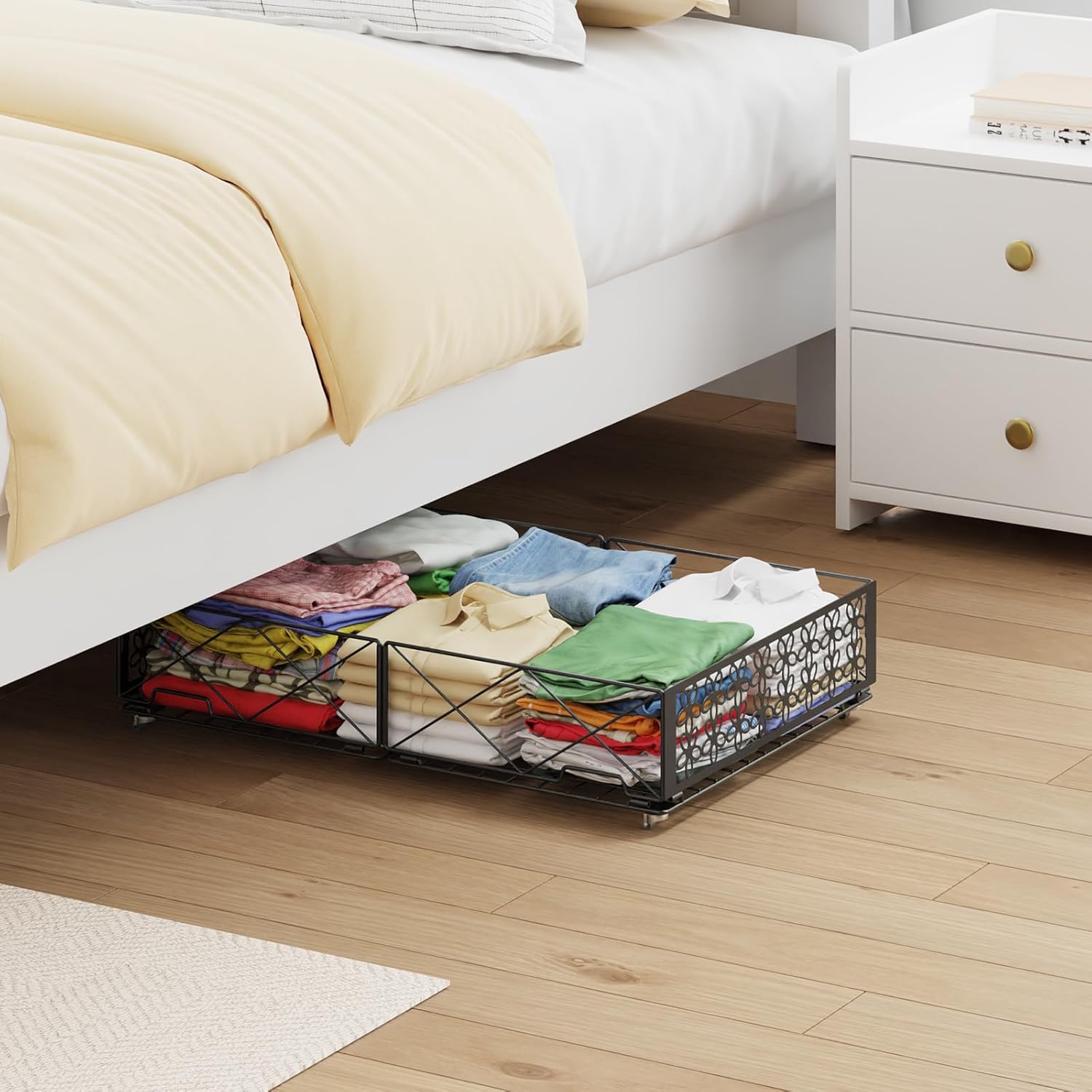 Under Bed Storage with Wheels, Rollable Under Bed Storage Container, Foldable Metal Under Bed Organizer for Bedroom Clothes Shoes Blankets Storage (2black, Black)