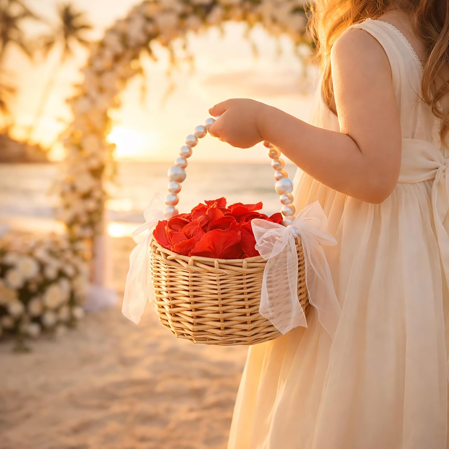 Wedding Wicker Basket with Boho Style, Handwoven Rattan Basket for Flower Girl, Aisle & Reception Decor, Reusable Storage Basket for Home Use (1P)