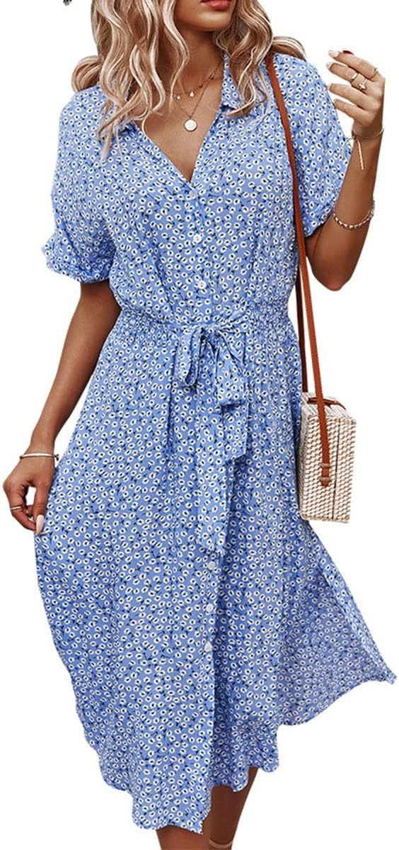 Women's Summer Bohemian V Neck Button Down Dress High Waist Midi Casual Split Beach Dresses with Belt (Color : Blue, Size : M/Medium)
