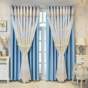 Amidoudou 1 Pair European Double Layer Curtains with Valances for Living Room Bedroom Luxury 3D Flower Embroidered Curtains Blue,52x84 Inch