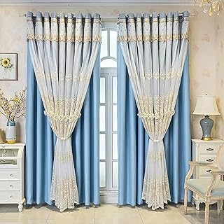Amidoudou 1 Pair European Double Layer Curtains with Valances for Living Room Bedroom Luxury 3D Flower Embroidered Curtains (Blue,52x84 Inch)