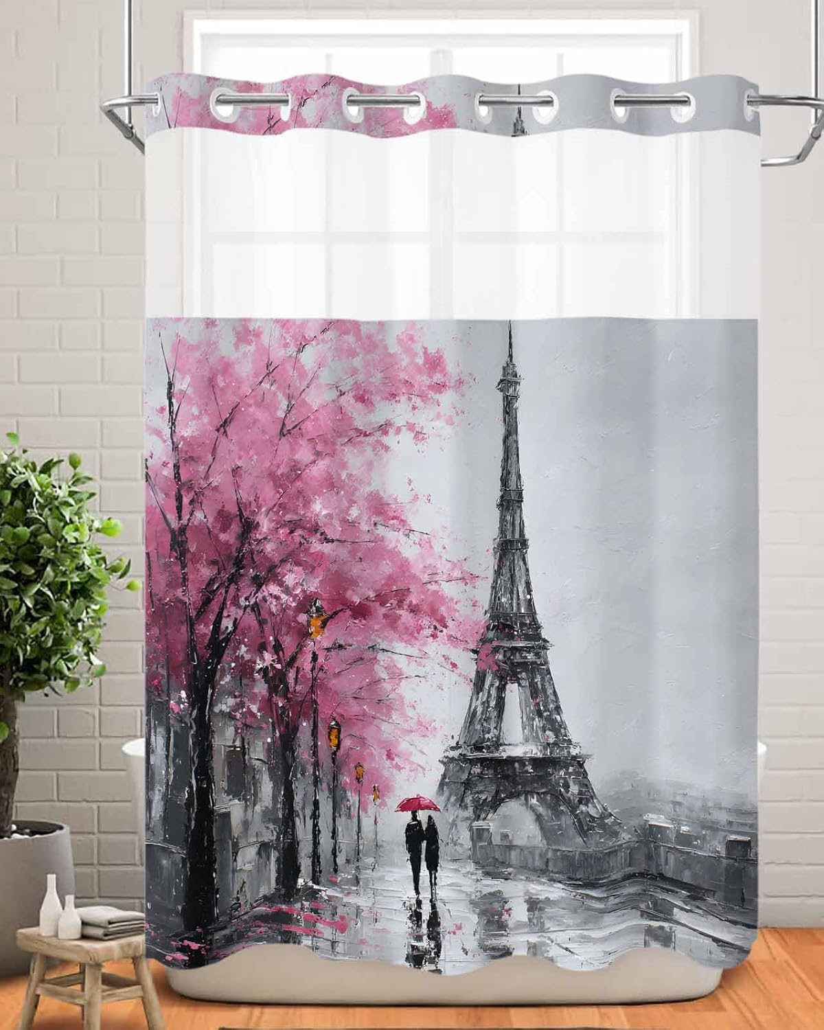 Valentine's Day No Hook Shower Curtain with Snap in Liner Oil-Painting Couple under Pink Umbrella Paris Eiffel Tower Tree Shower Curtain for Bathroom,Waterproof Inner Liner with Mesh Top Window,60x72