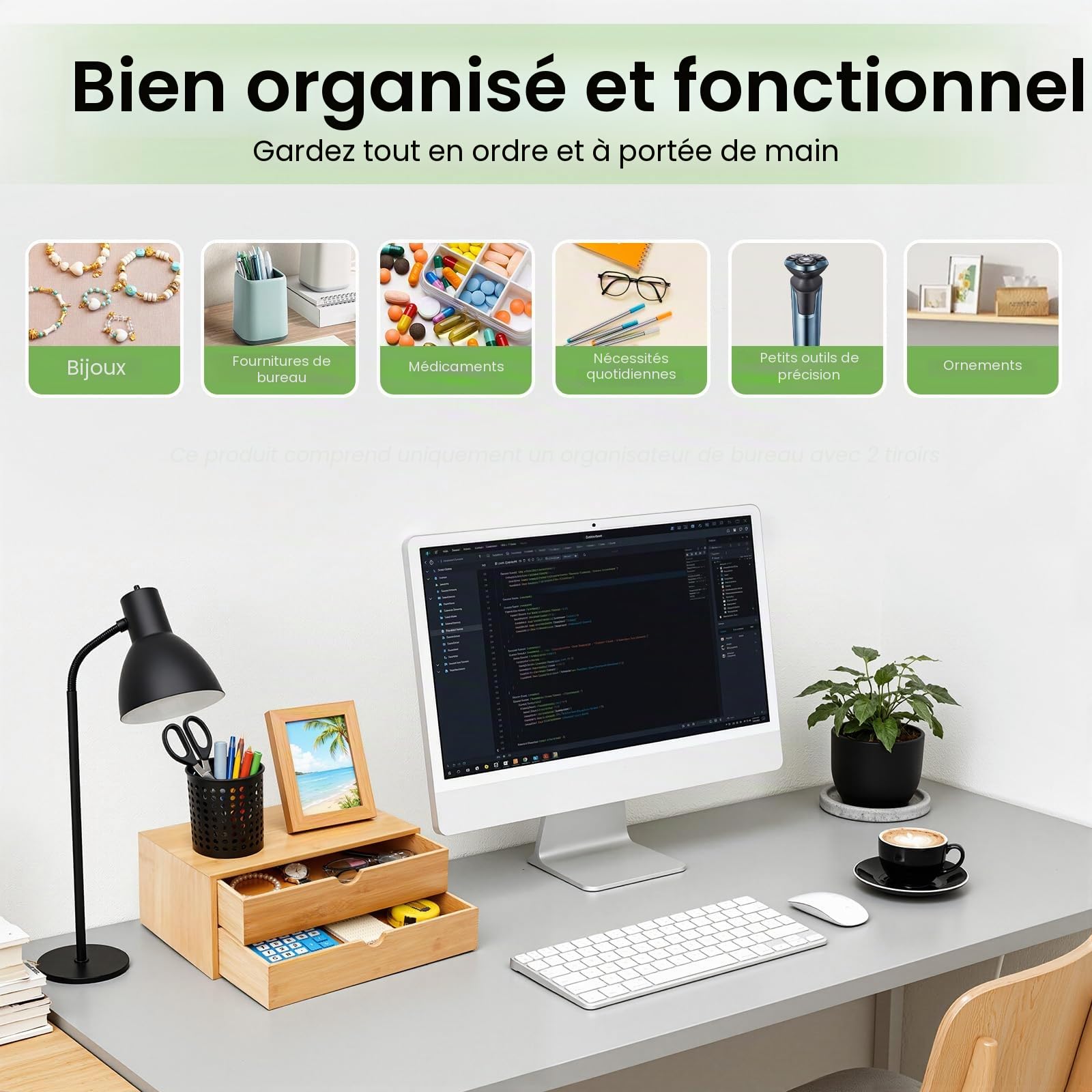 Organisateur de bureau, boîte à tiroirs en bambou, mini commode, design monobloc, boîte d'étagère boîte à maquillage avec 2 tiroirs pour bureau, salon et chambre à coucher
