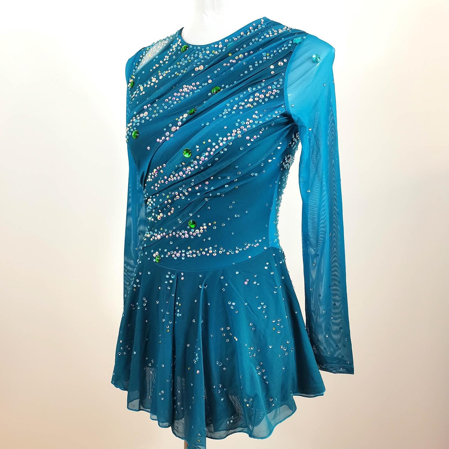 Girls' Blue Long Sleeve Shining Figure Skating Dress Professional Customized Competition Costume