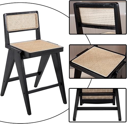 Miniatura 4 de Juego de 2 taburetes de bar de ratán negro de 26 pulgadas, taburetes modernos de mediados de siglo con asiento de bastón, sillas de bar retro con