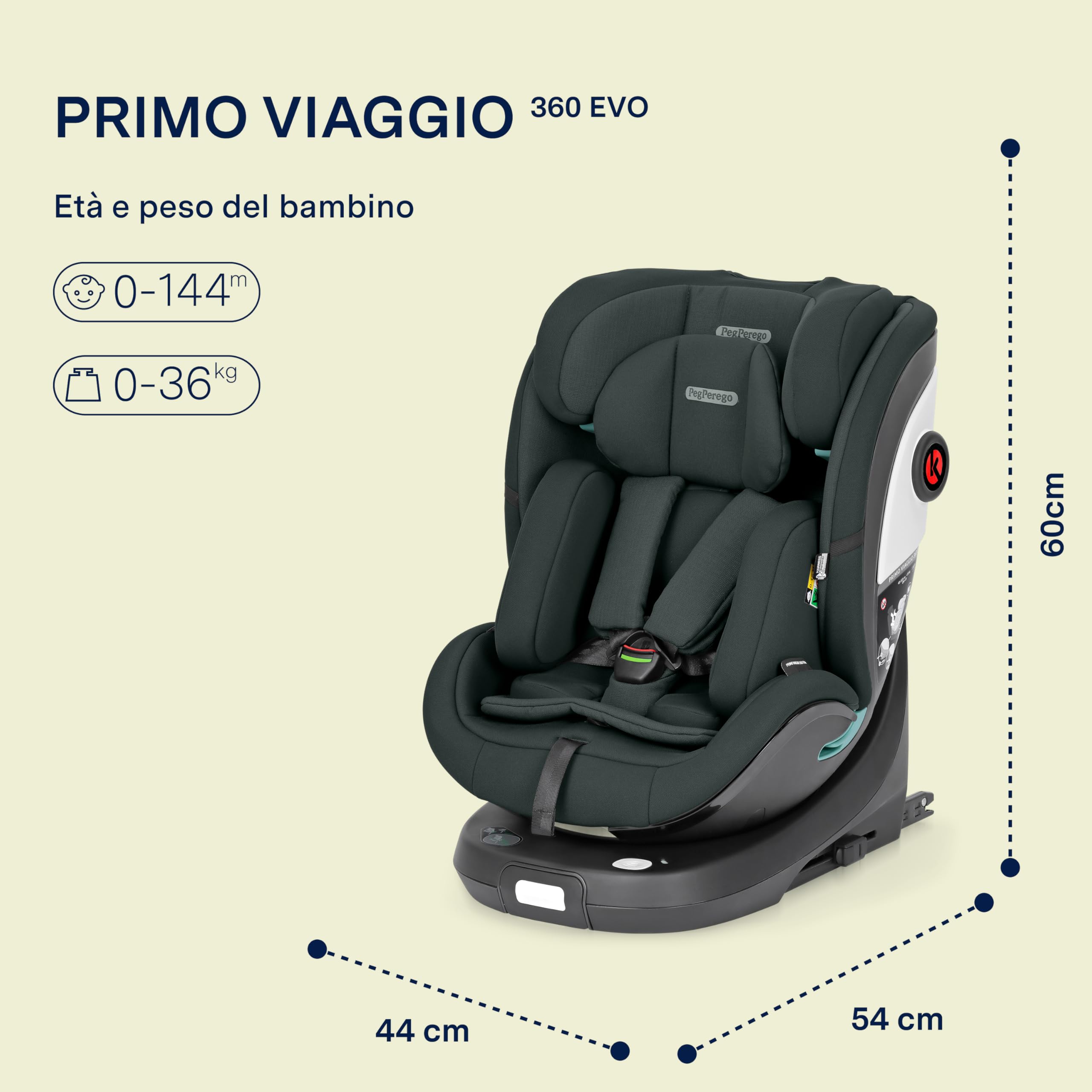 PEG Primo Viaggio 360 EVO Seggiolino Auto Evolutivo All-In-One con ISOFIX, Girevole, Reclinabile, per Bambini dalla nascita a 150 cm (0-12 anni), 0-36 kg, Metal