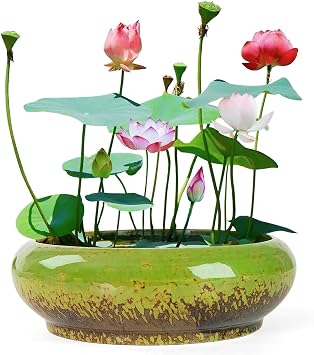 ARTKETTY Lotus Bowl Planter - 7.3 Inch Large Lotus Flower Bowl for Water Plants, Ceramic Hydroponic Planter Water Lily Bowl for Planting Aquatic and Indoor Succulent Plants and Bonsai