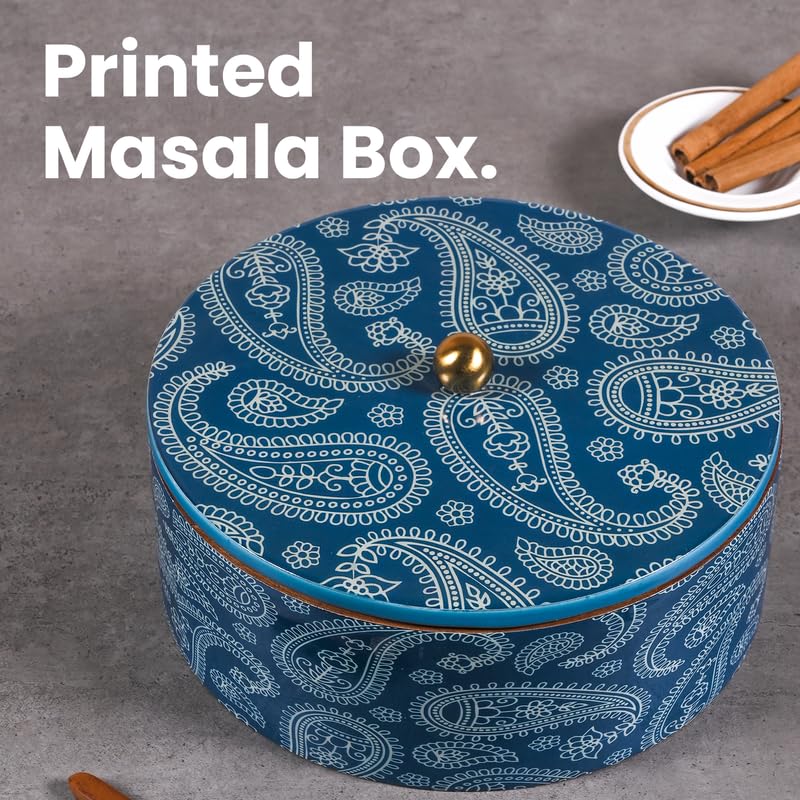 Image of Wooden Masala Box for Kitchen - 7 Stainless Steel Jars with Wooden Spoon | Stainless Steel Brass Lid with Knob | Multipurpose Dry Fruit & Spice Storage - Blue (Printed)