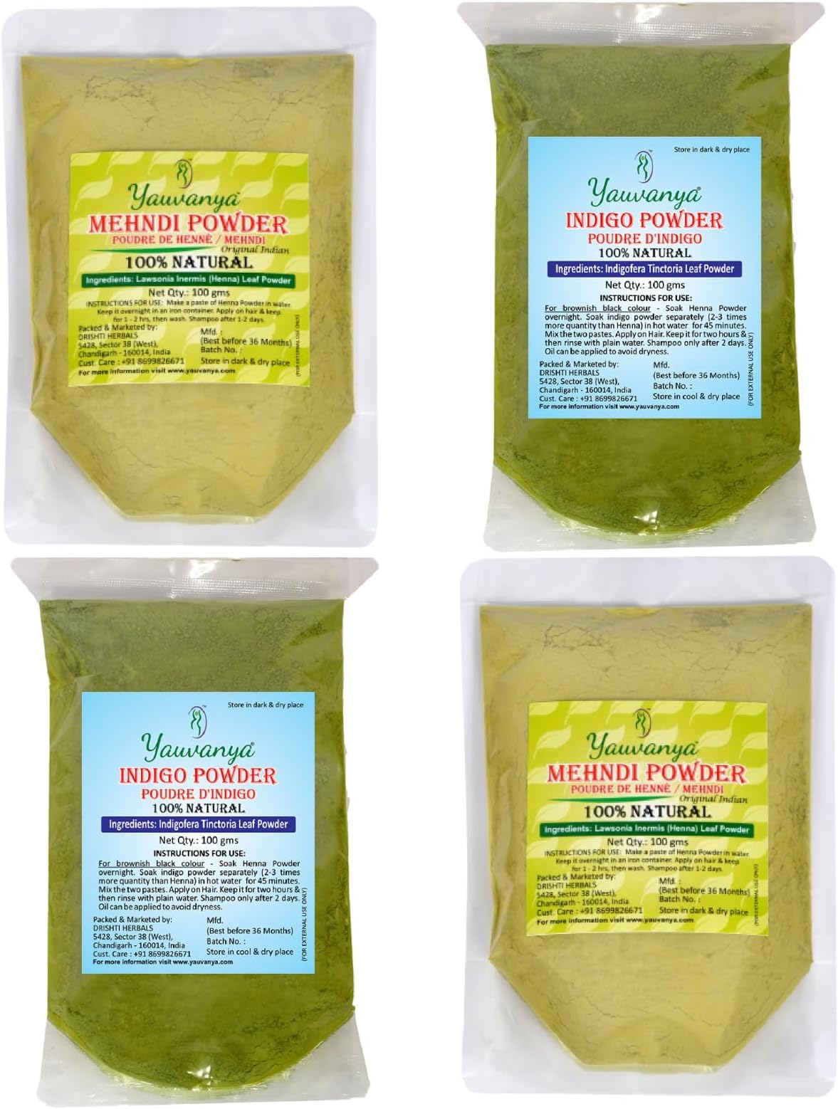 Yauvanya Combo: Henna and Indigo Powder (2X100 gms each) for Lush Hair Color