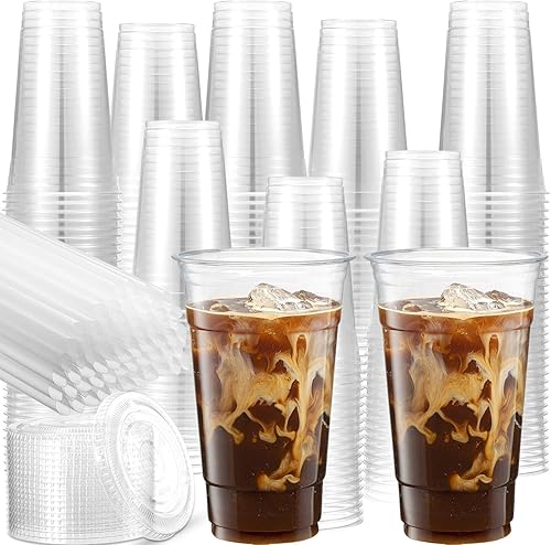 300 vasos de plástico transparente de 32 onzas con tapa con ranura para pajilla, tazas de café desechables transparentes con tapas planas, vasos de