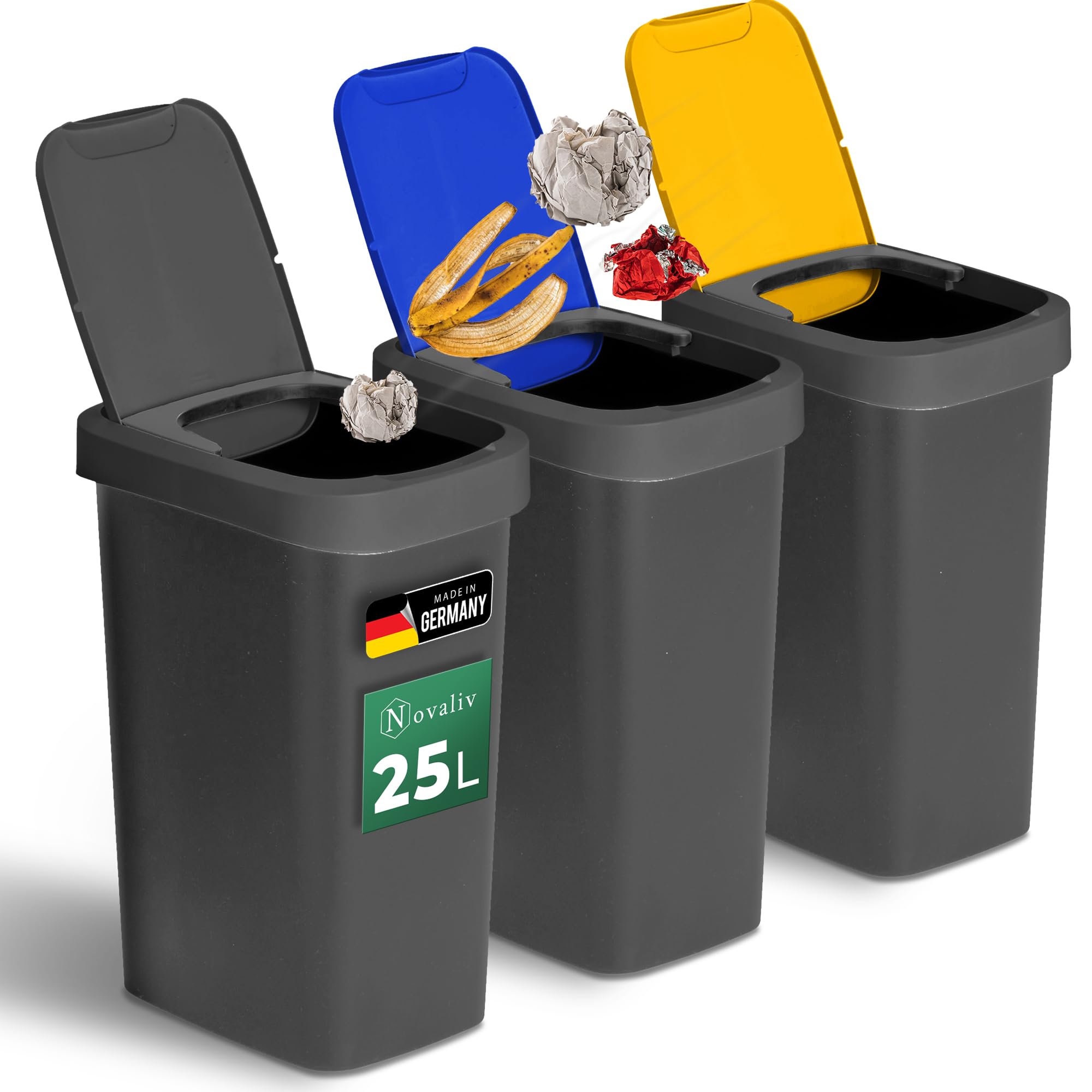 Novaliv Mülltrennsystem 25L 3er Set Mülleimer mit Schwingdeckel, Mülltrennung Küche Abfalltrennung, Schwarz Blau Gelb, Recycling Wertstoff Mülltrennsystem Abfallbehälter Küche Haushalt Büro Müll Eimer