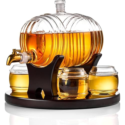 Whiskey Barrel Decanter Set - Bookshelf Bourbon Barrel, Liquor Dispenser Birthday Gifts Ideas for Men Husband - 1350ML Decanter with 4 Glasses for Alcohol, Scotch, Vodka, Tequila, Wine, Rum