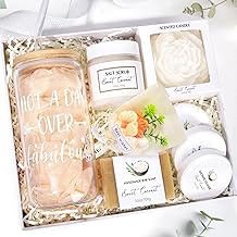 Spa Gift Baskets for Women, Sweet Coconut Birthday Gifts Baskets for Women, Spa Kit Gift Box, Bath and Body Relaxing Gifts Set for Mother Wife Sister Friends with Glass Cup Salt Scrub Shower Steamers