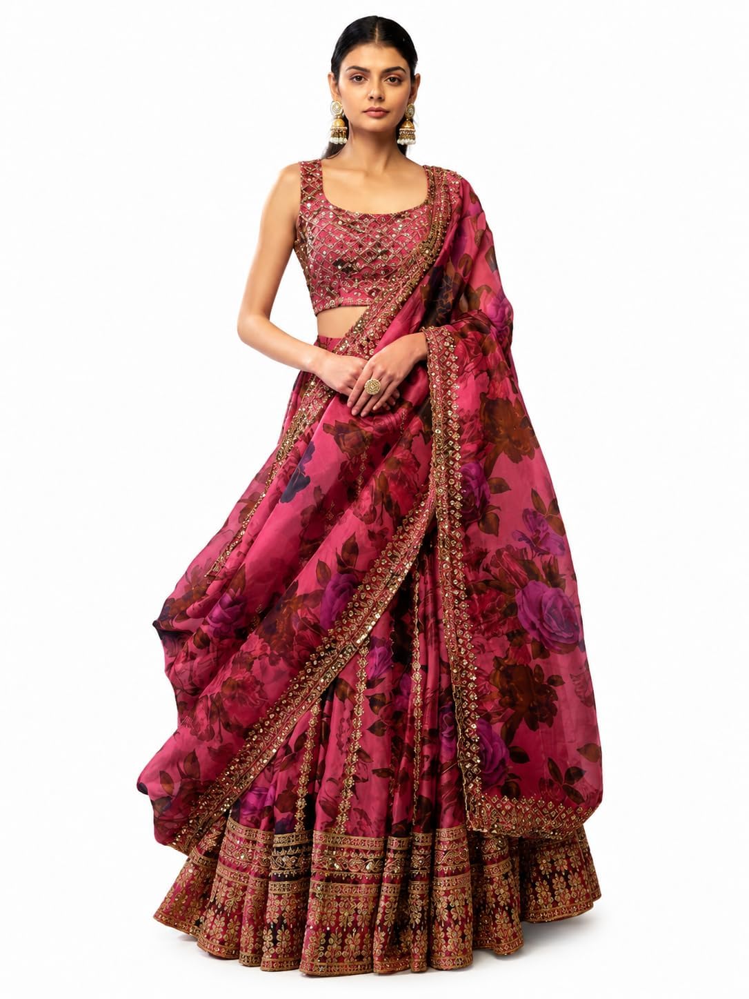 Gilrs and Women's Magenta Pink Floral Printed Designer Lehenga Choli with Dupatta | Tebby Organza Embroidered Sequence Work Semi Stitched Wedding Lehenga for Women | Party Wear Festive Ethnic Outfit | Elegant Embroidered Sequence-picture-39