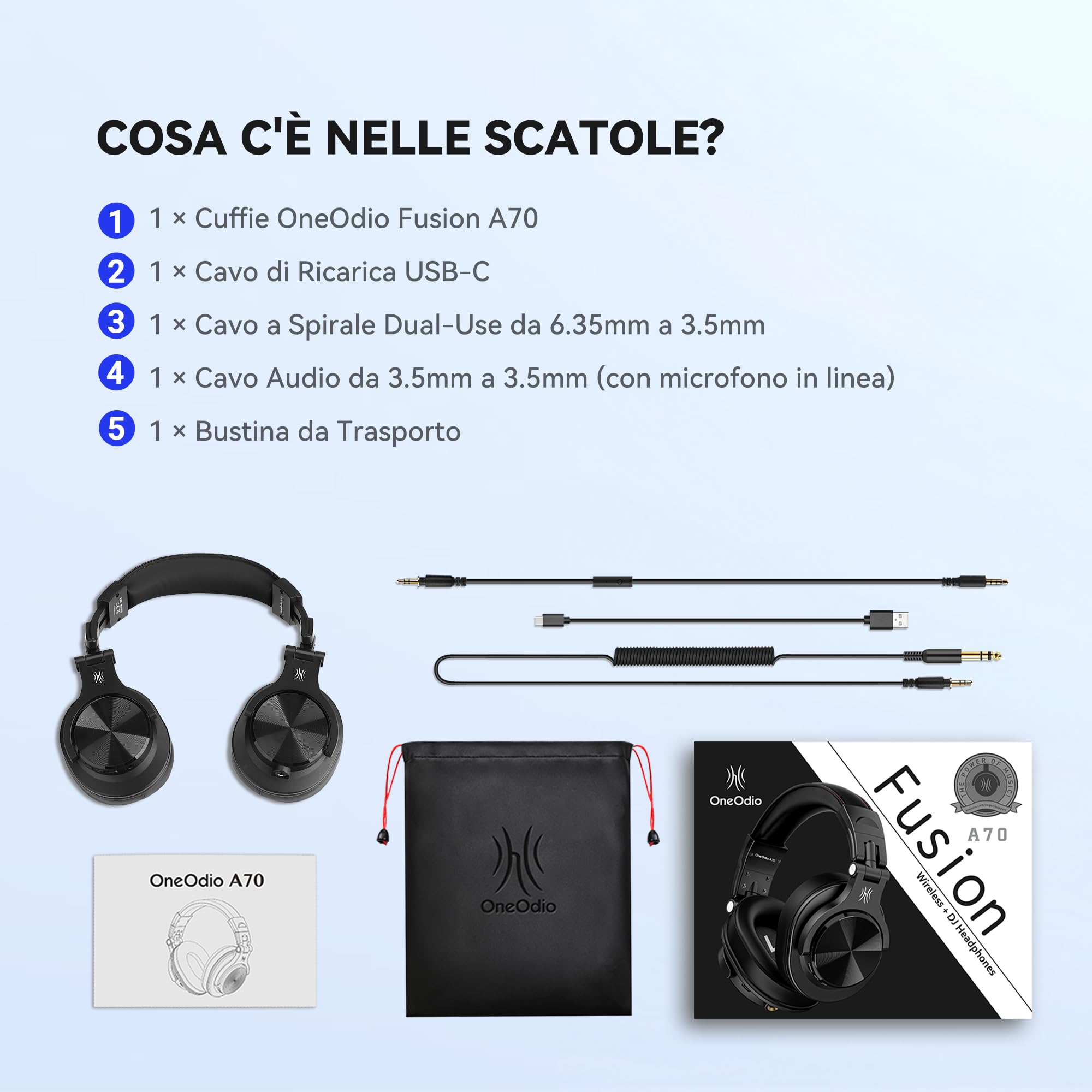 OneOdio A70 Cuffie Bluetooth Over Ear, Cuffie Con filo Cuffie Wireless Cuffie Over Ear con Microfono Stereo Hi-Fi, 72 Ore di Riproduzione, Jack 3,5 e 6,35 mm, Pieghevole, per DJ, Chitarra, PC, Nero