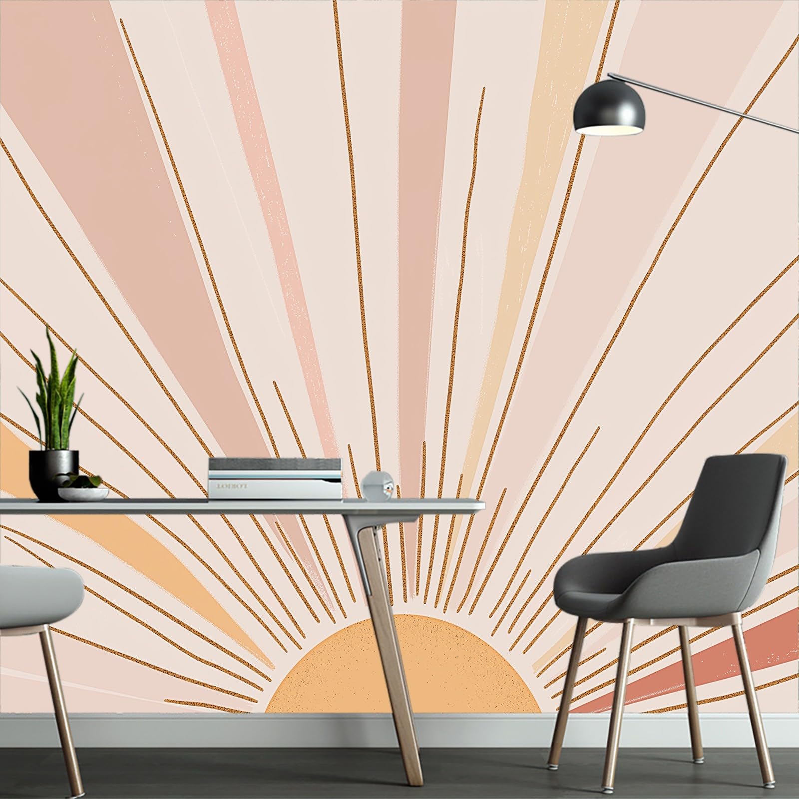 Tapeta ścienna, tęczowe linie słoneczne w stylu boho, fototapeta w stylu boho, tapeta ścienna, 400 x 280 cm (szer. x wys.), dekoracja ścienna, tapeta dekoracyjna, tapeta ścienna, tapeta do salonu