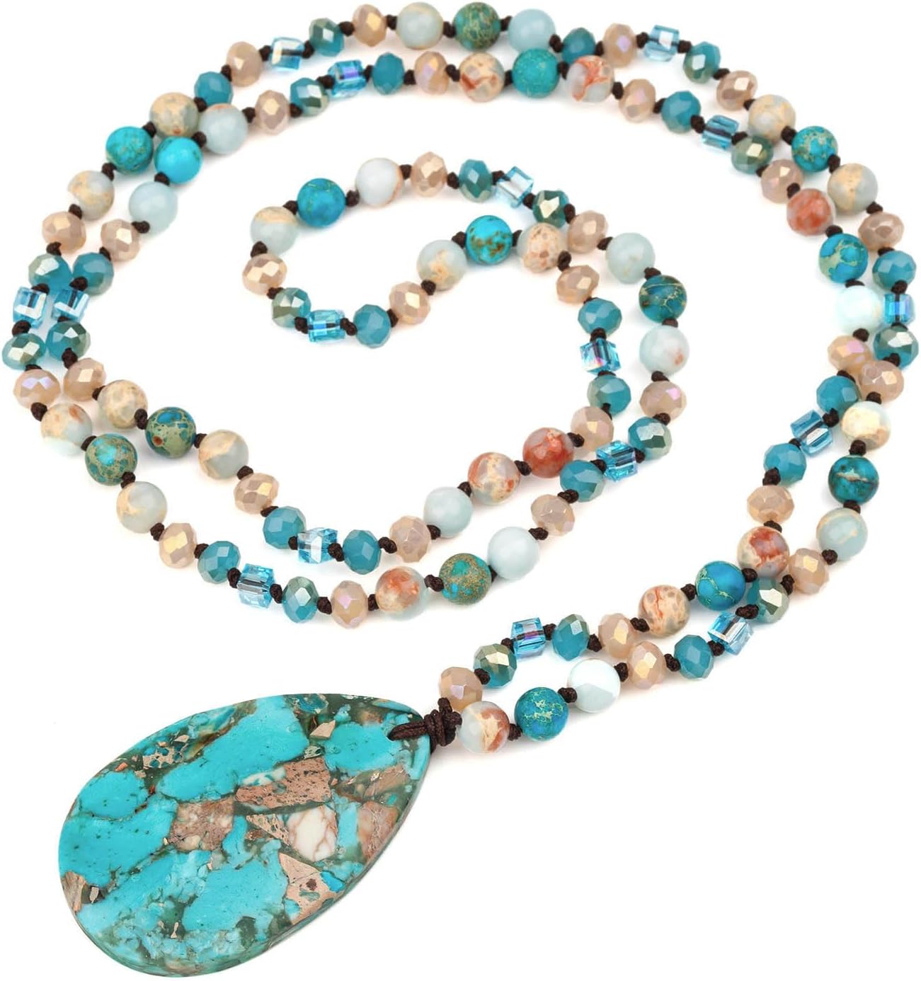 Long Necklaces for Women Boho, Oval Waterdrop Turquoise Pendant, Natural Stone Beaded, Handmade,Vintage & Elegance, Boho Fashion Charm Beaded Necklace for Women