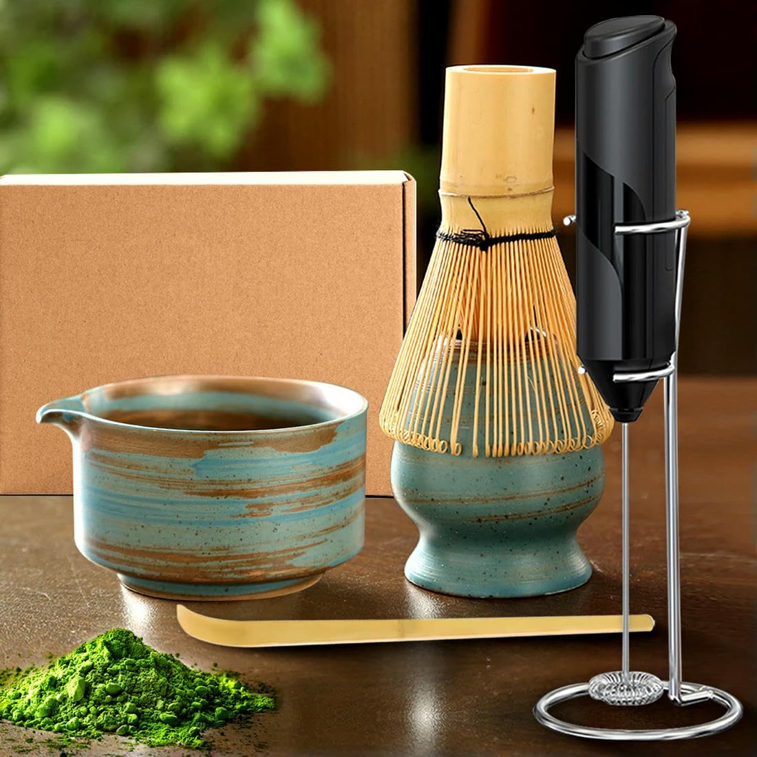 Matcha-Schneebesen-Set und Schüssel, Matcha-Zubereitungsset, Schneebesenschüssel mit Ausguss, Pulverstarter-Sieb, Keramik-Schneebesenhalter, Matcha-Tee-Set