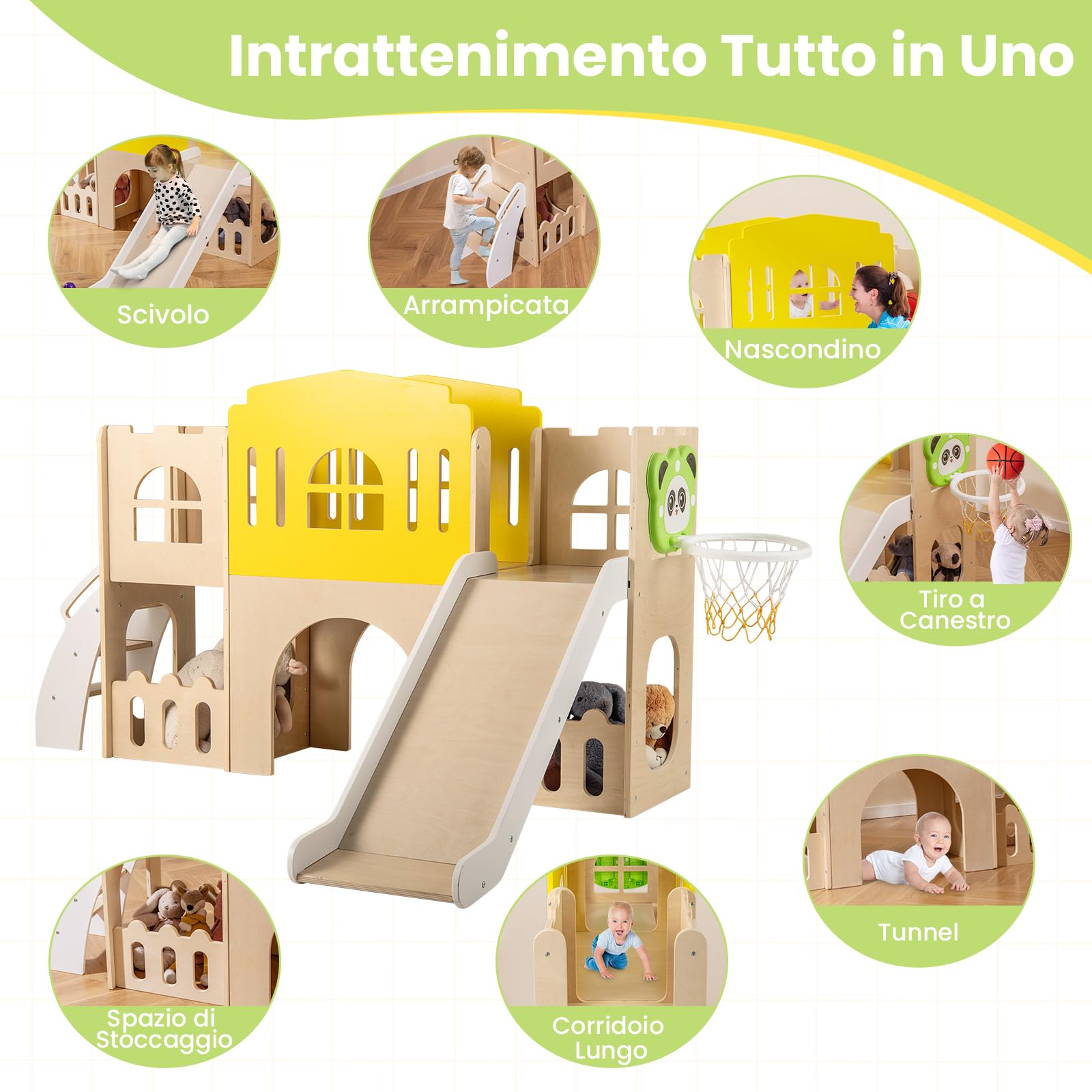 COSTWAY 7 in 1 Set da Scivolo per Bambini, in Legno，Interno ed Esterno