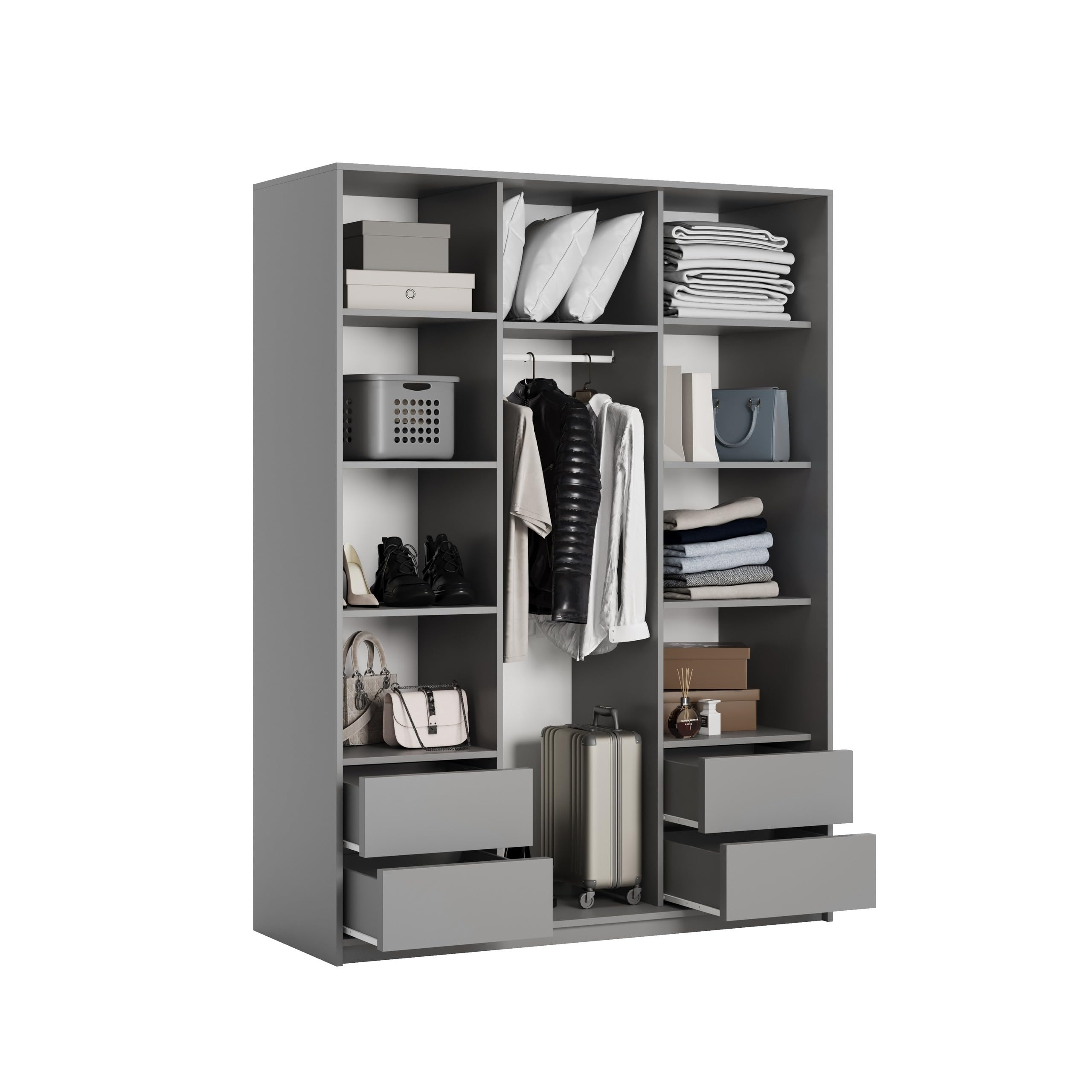 Masseno Schwebetürenschrank TAVI 150/205/60 cm Kleiderschrank mit Schubladen Schlafzimmer Schiebetürenschrank 3-türig mit Spiegel Graphitfarben + Satin