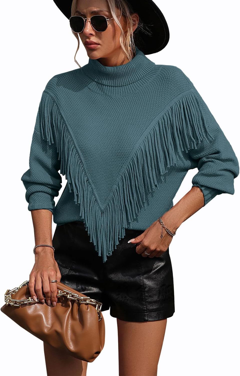 yoeasy Women's Fringe Trim Turtleneck Long Seeve Sweater Knit Loose Pullover Sweater