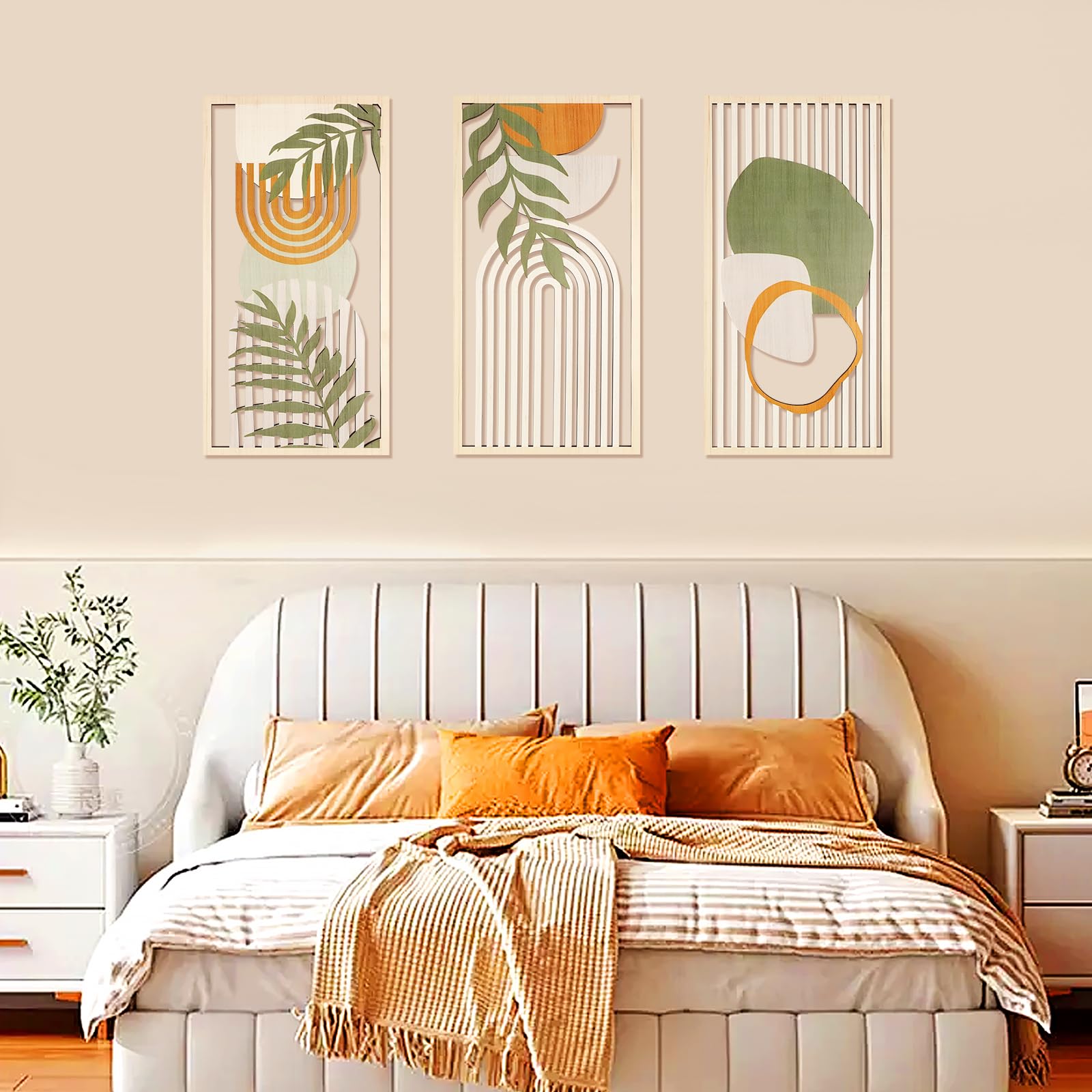 YunBey Boho Wanddekoration - 4 Runde Holzbilder Mit Botanischen Motiven, 19,5cm