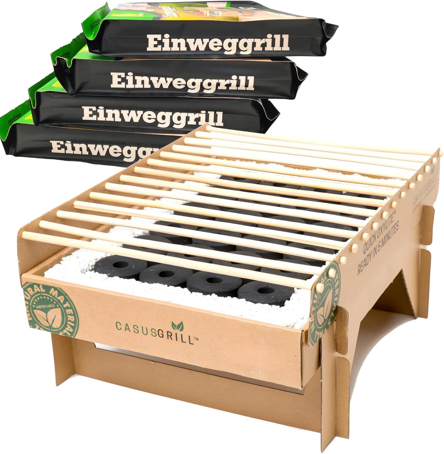 Öko Einweggrill 5er Set Bio Grill Bambus Nachhaltig Rauchfrei Campinggrill | BURI, Grillrost, natürliche Materialien, startklar in 5 Minuten, über 1 Stunde Brenndauer, weniger CO₂, Camping, Picknick